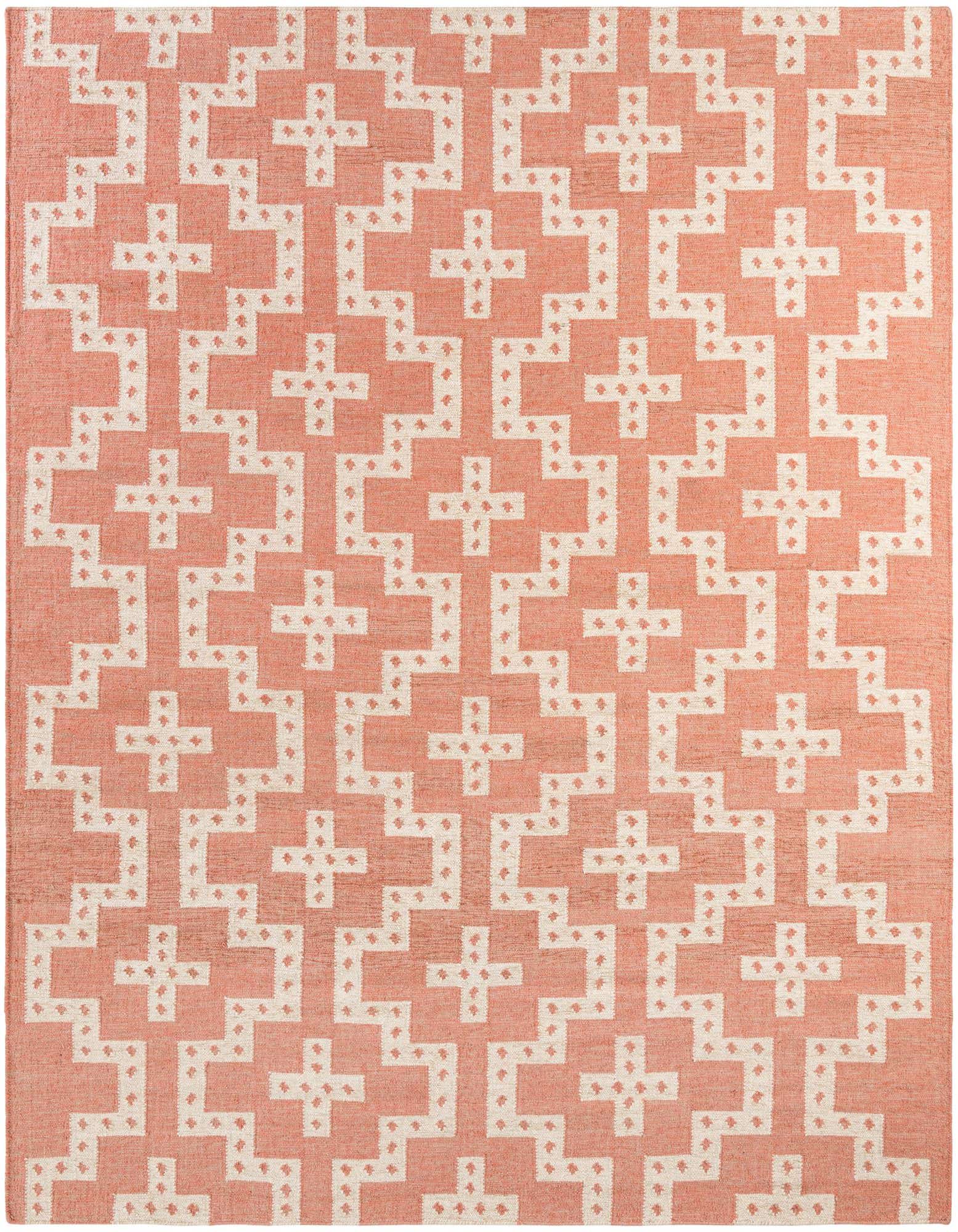 A rectangular 8x10 red flatweave rug with a repeating modern tribal geometric pattern in cream, suitable for a living room.