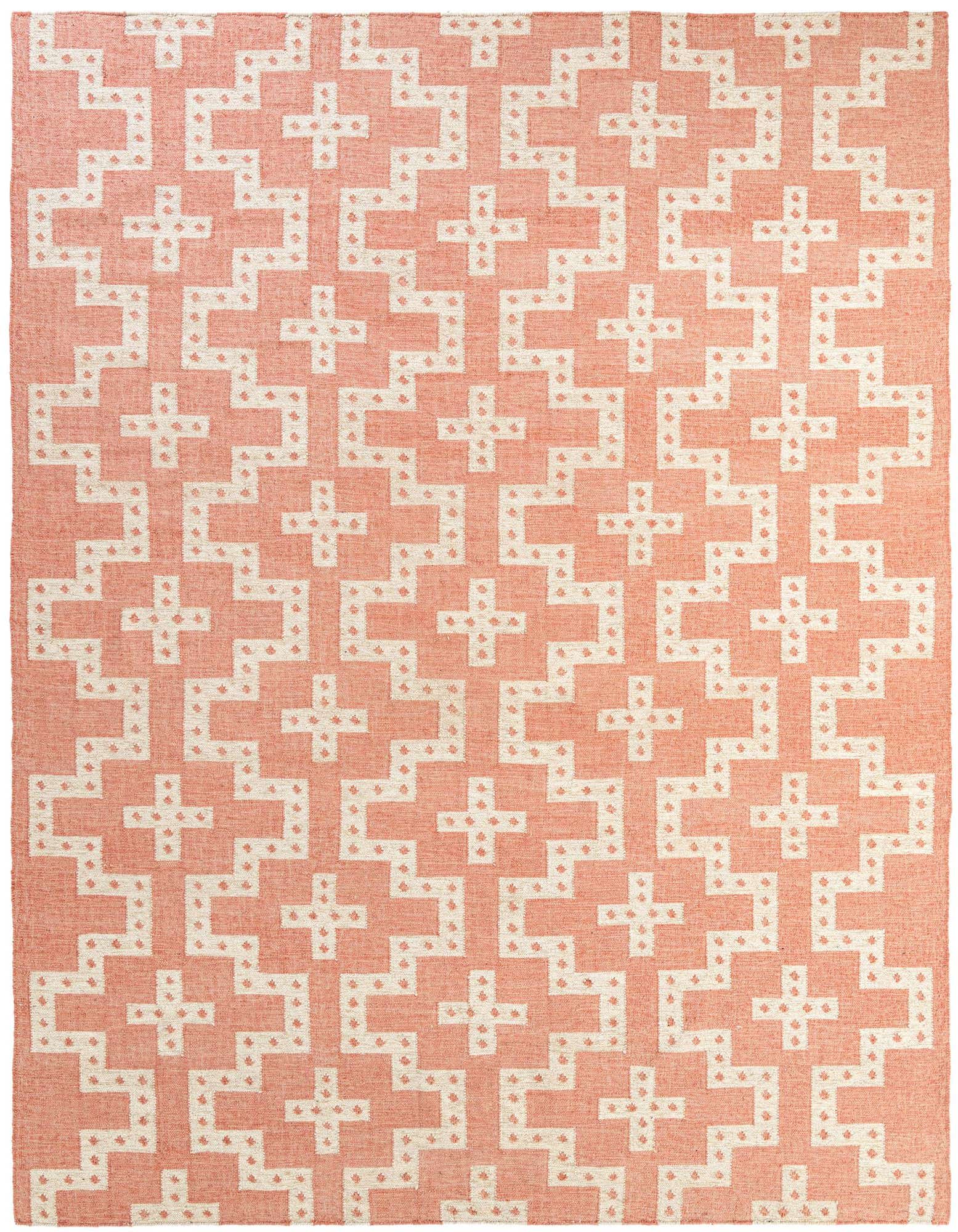 A 9x12 rectangular Kilim Wool rug in shades of red with a repeating modern tribal pattern of interlocking geometric shapes and crosses.