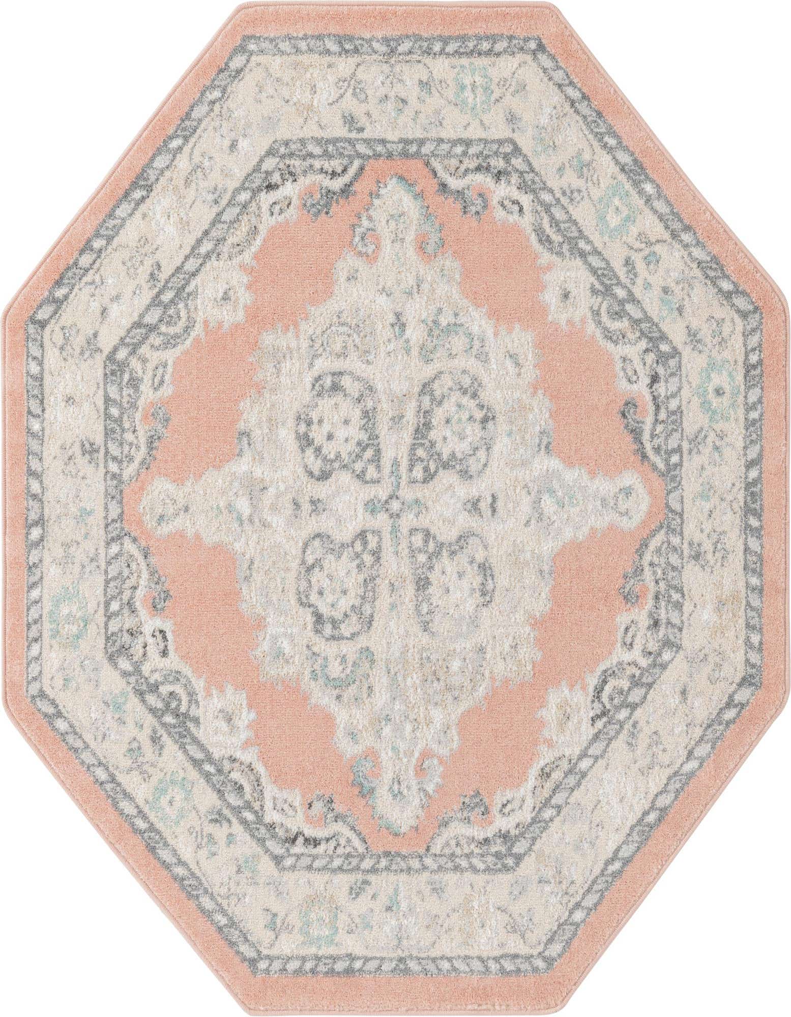 Octagon-shaped Parker Collection rug featuring a traditional pink and ivory medallion pattern with grey and light blue accents.