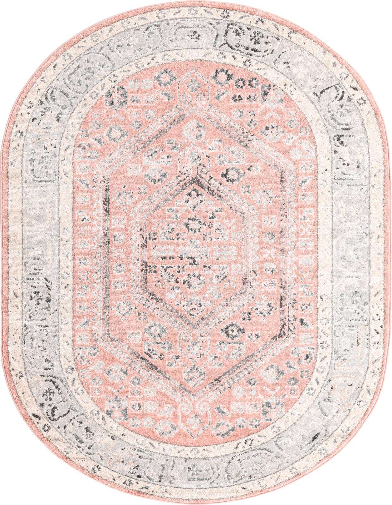 An oval pink rug with a distressed traditional medallion and tribal pattern, featuring gray and cream accents.