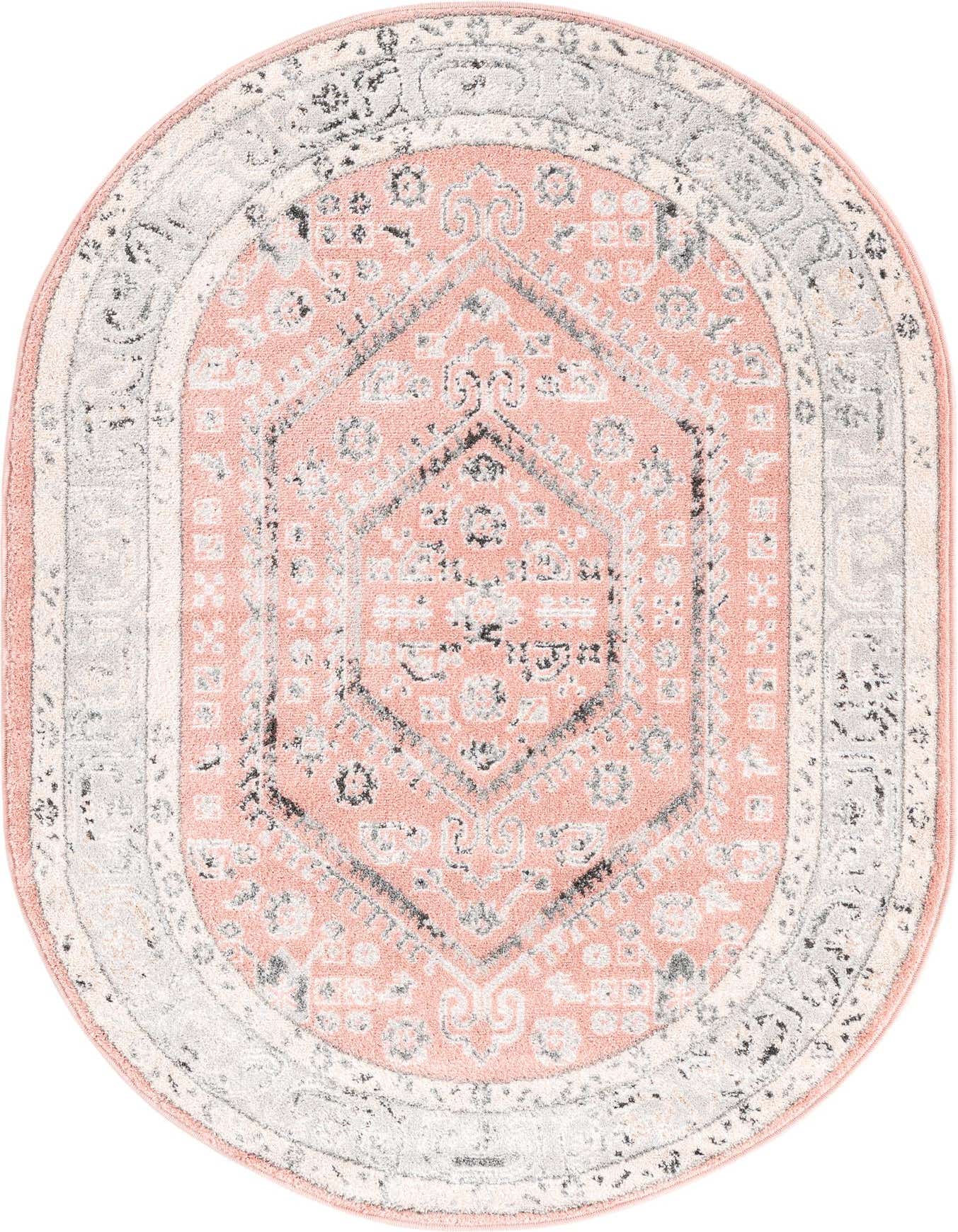 A 4'x6' oval pink area rug with a distressed traditional medallion and tribal pattern in shades of grey, white, and black.