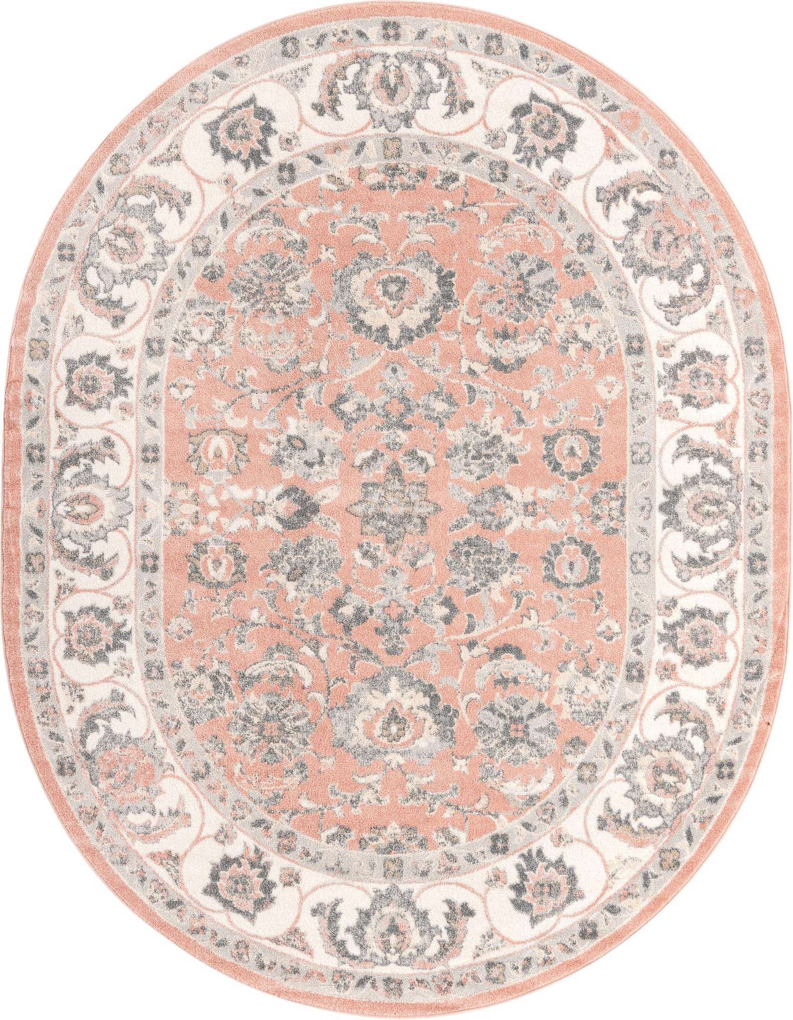 An oval 7' 10 x 10' 0 pink and gray traditional botanical rug with a detailed floral pattern and border.