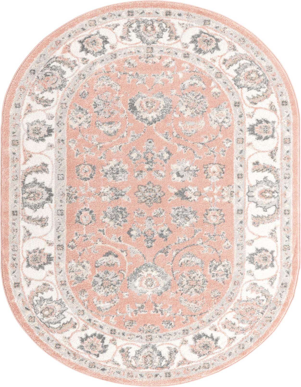 An oval 5' 0 x 8' 0 pink traditional rug with a botanical and floral pattern in shades of grey, white, and lighter pink.