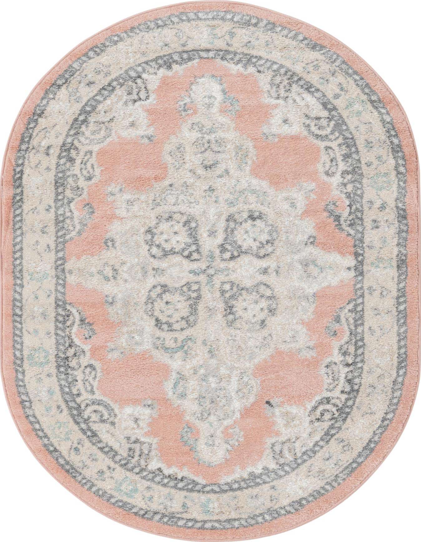 An oval 4'x6' pink and beige traditional medallion rug with gray and light blue accents.