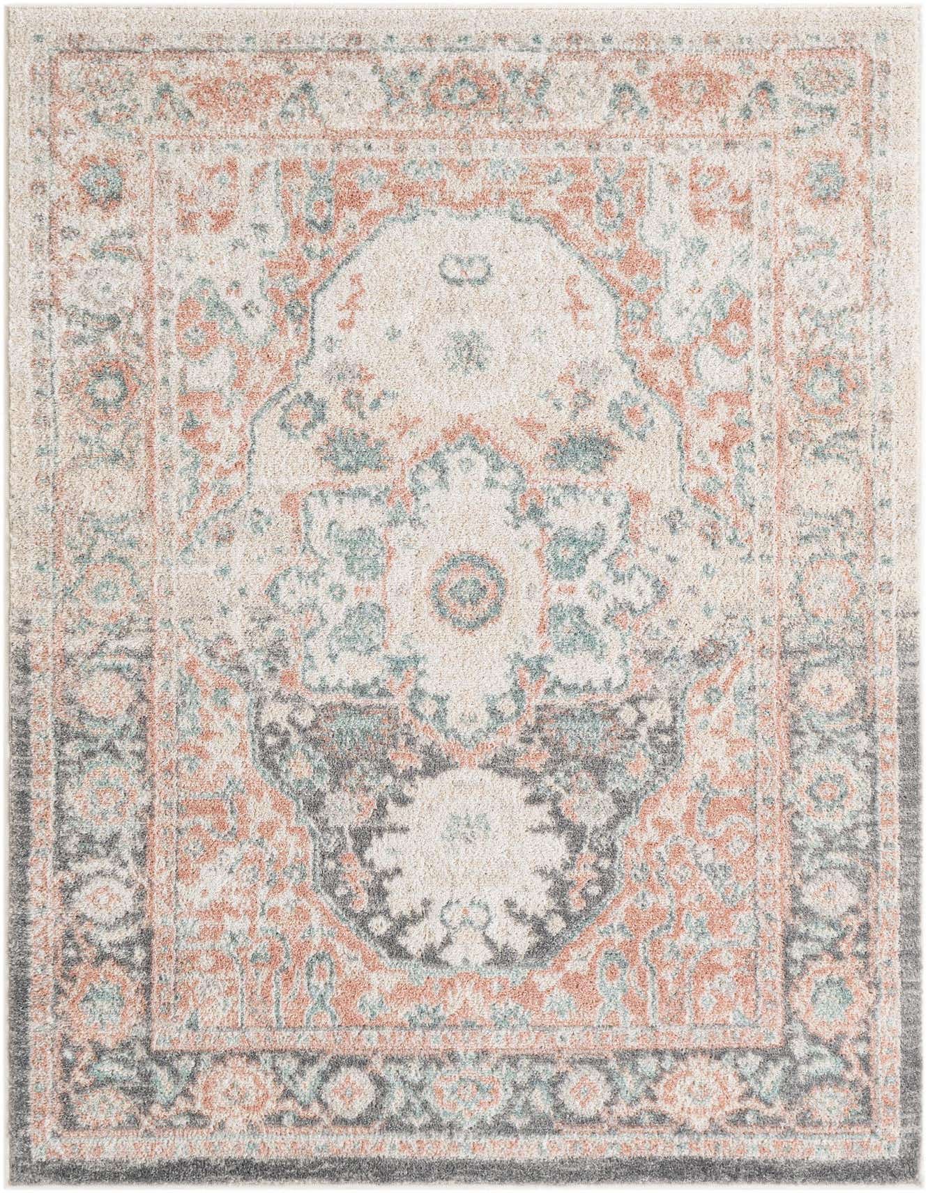 A 4x6 rectangular indoor rug featuring a distressed traditional pattern in shades of gray, silver, and pink.