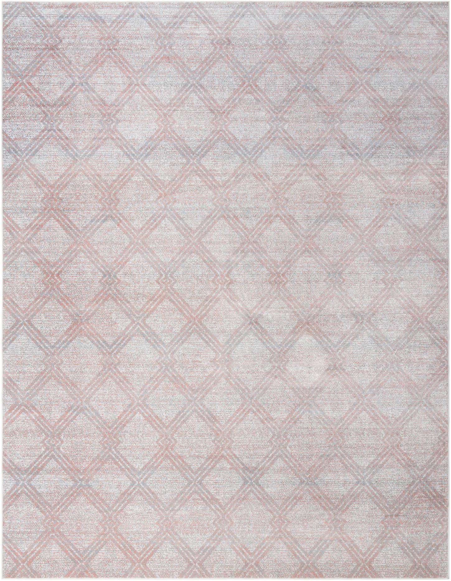 A 10x14 rectangular indoor rug featuring a modern abstract diamond pattern in faded pinks and reds on a light background.