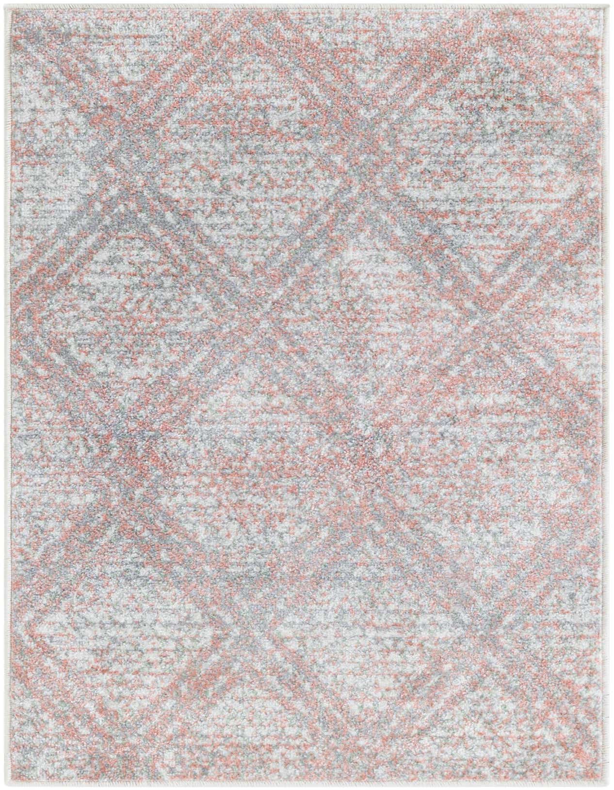 A 2x3 rectangular Rugs.com Kamala Washable rug featuring a modern abstract pattern in pinks, reds, and gray tones on a light background.
