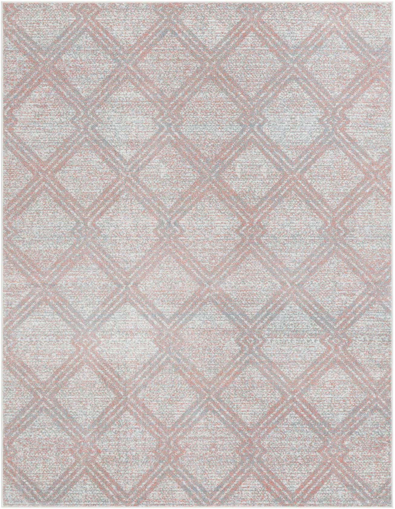 A 6x9 rectangular modern rug featuring a distressed diamond lattice pattern in shades of pink, red, and light grey.