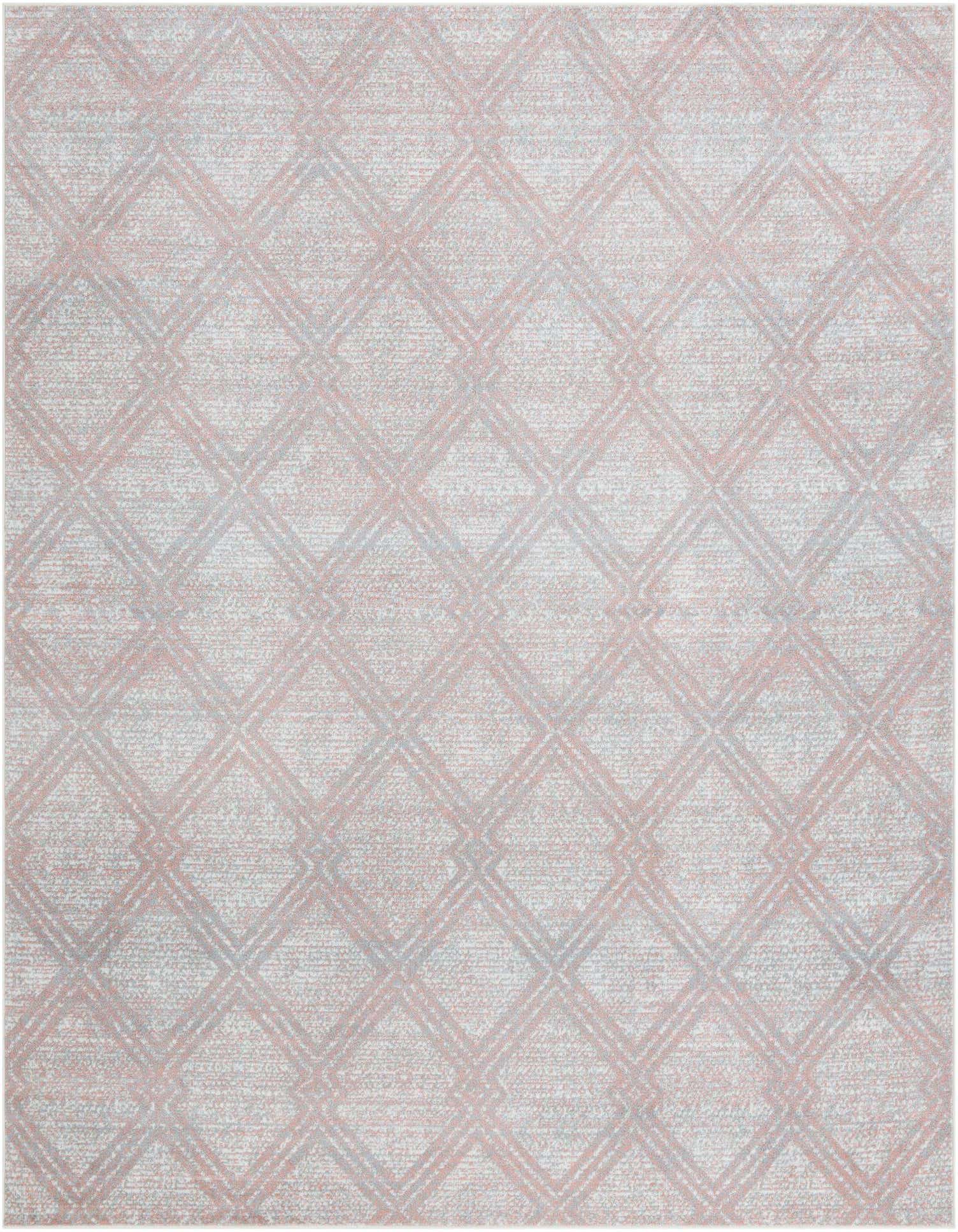 A large 8x10 rectangular Rugs.com Kamala Washable rug featuring a modern geometric diamond pattern in subtle pinks and reds.