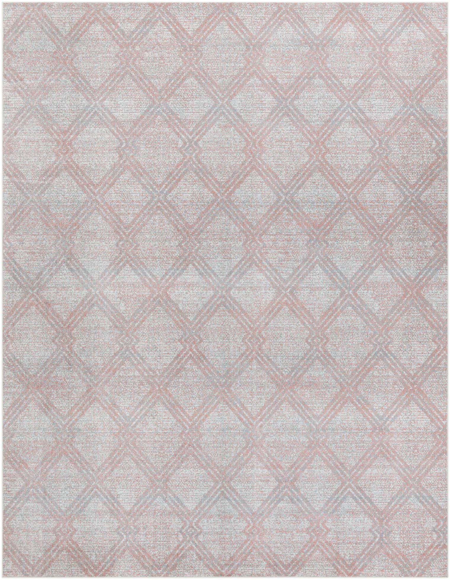 A 9x12 rectangular modern rug featuring a subtle geometric diamond pattern in faded pinks and reds on a light background.