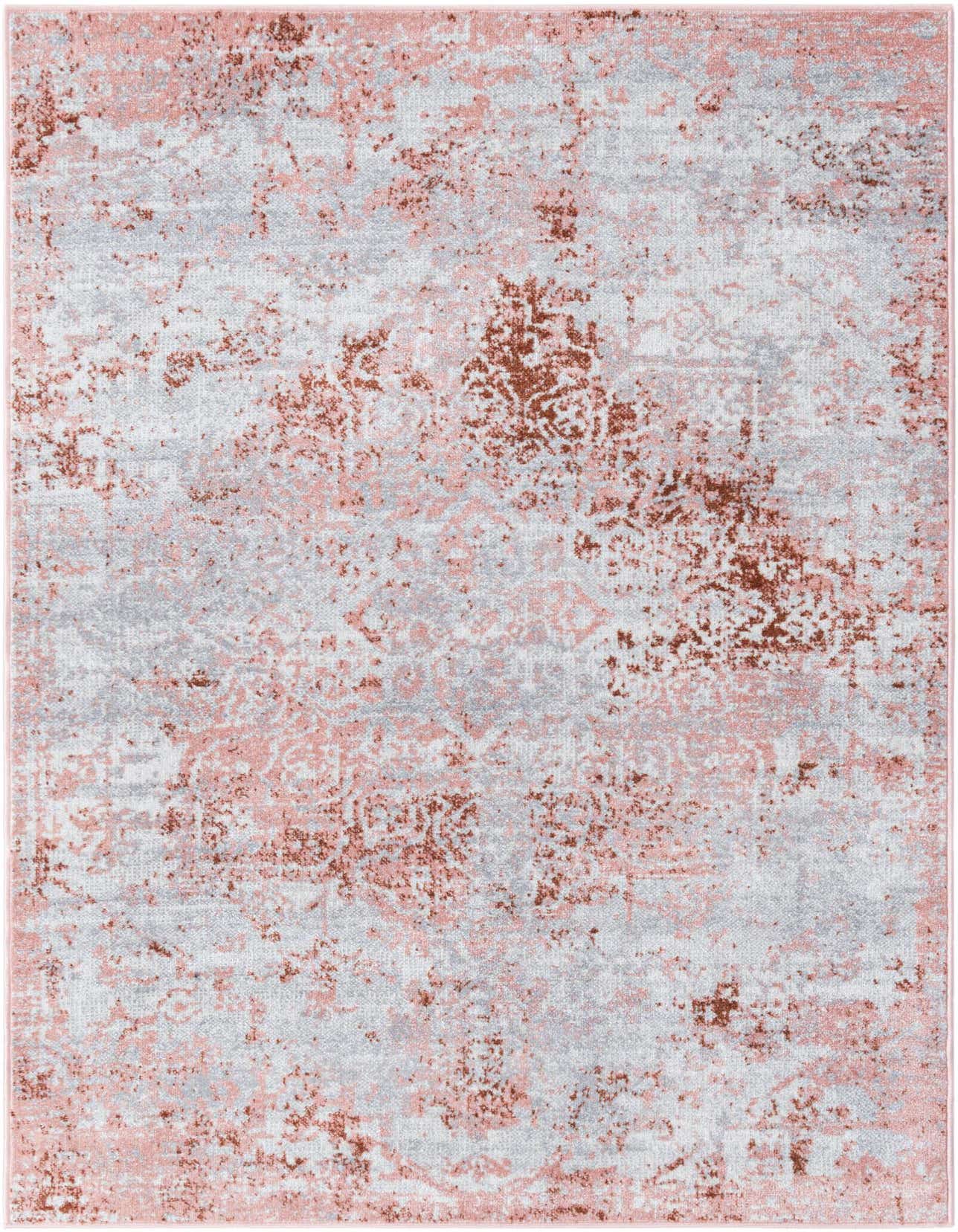 A 4x6 rectangular Kamala Washable rug featuring a distressed pink, red, and grey Oriental medallion pattern.