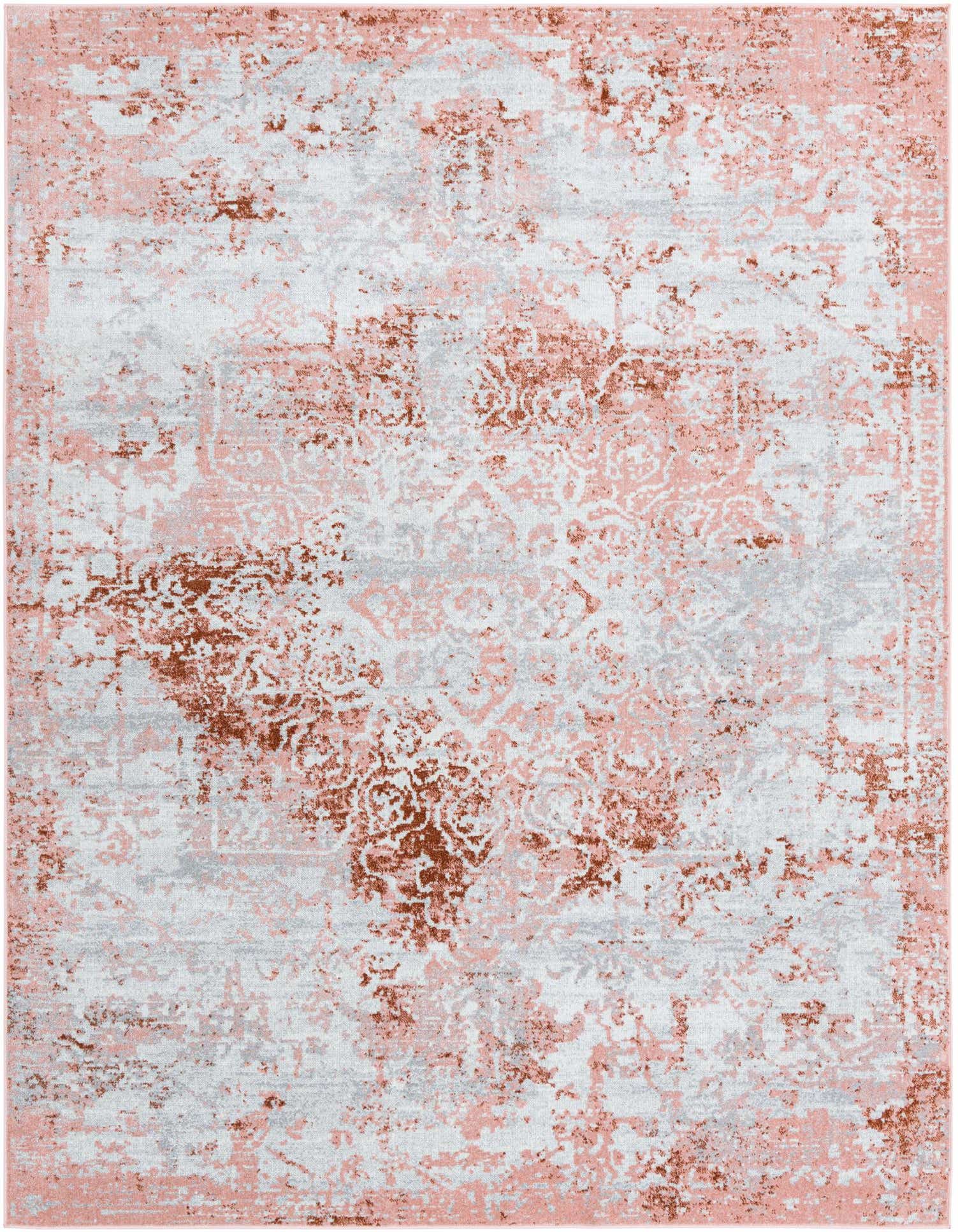 An 8x10 rectangular rug featuring a distressed traditional medallion pattern in shades of pink, red, and white, suitable for a living room.