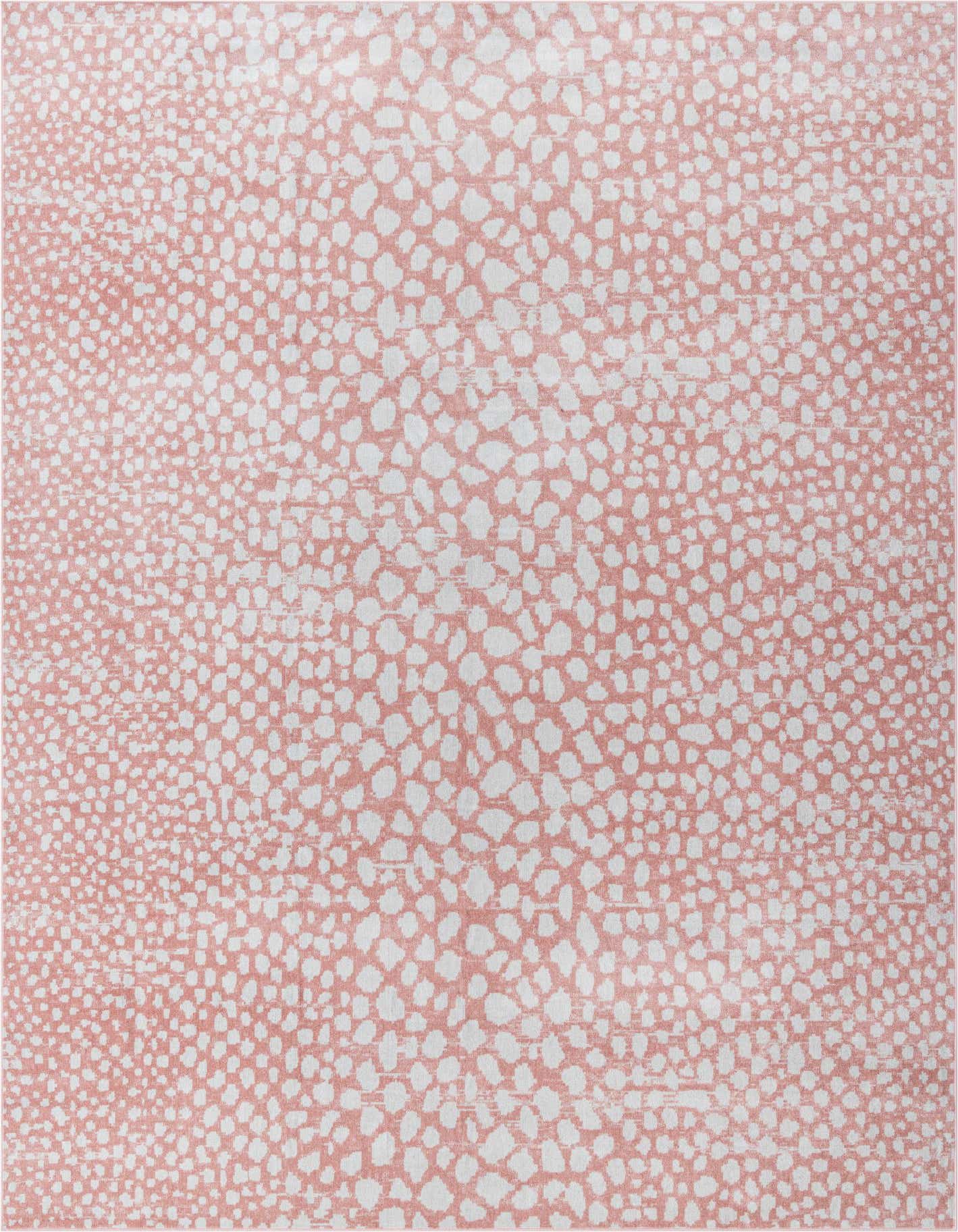 A 10x14 rectangular pink and white modern abstract rug with a speckled pattern, suitable for indoor spaces.