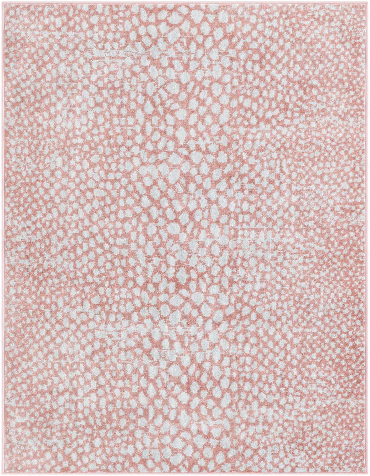 A 3x5 rectangular pink and white modern abstract rug with a subtle spotted pattern, ideal for an indoor space.