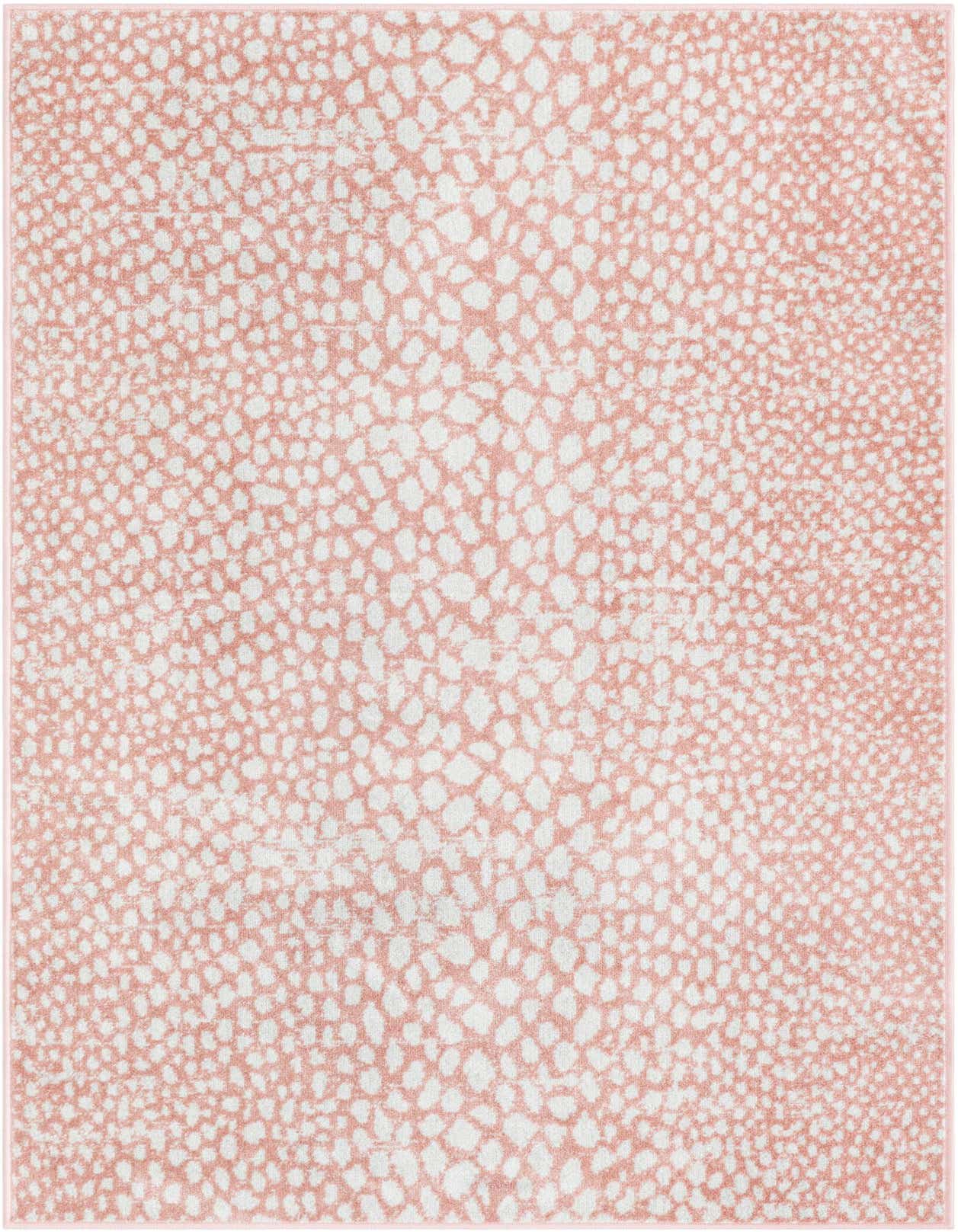 A 4x6 rectangular Kamala Washable rug featuring a modern abstract pattern in varying shades of pink and white.
