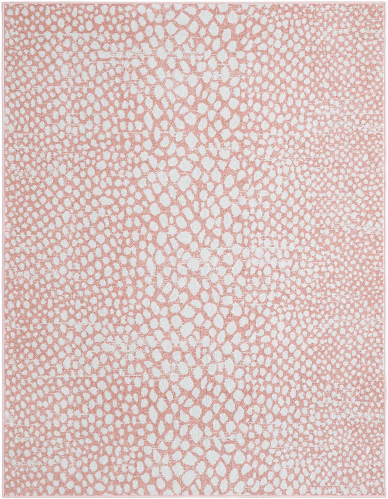 A 5x8 rectangular Kamala Washable rug featuring a modern abstract pattern of light pink and white speckles.