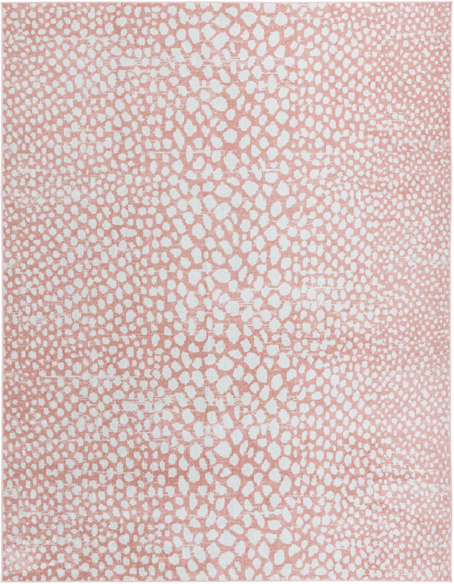 A 9x12 rectangular pink and white abstract area rug with a modern spotted pattern, suitable for a living room or office.