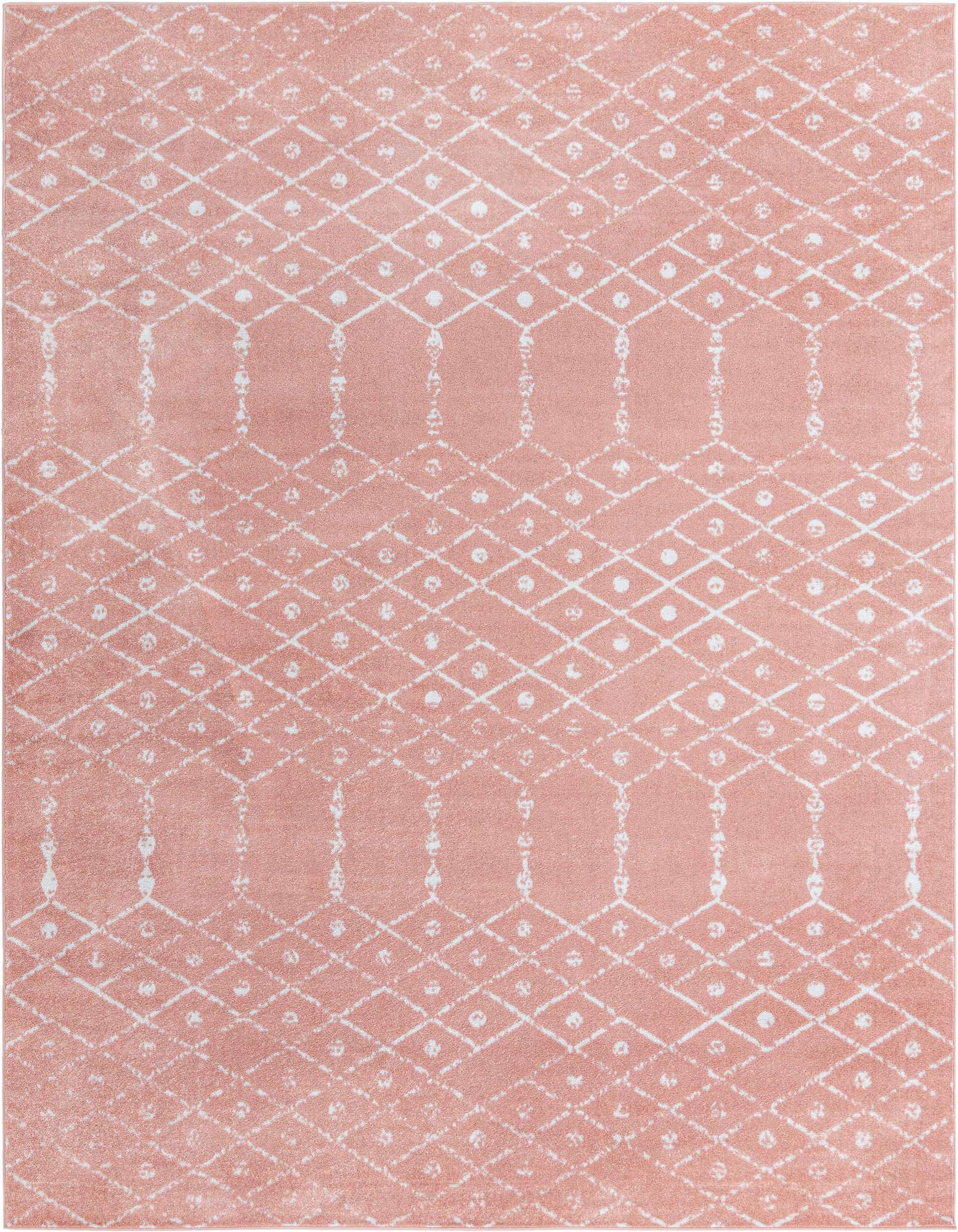 A 10x13 rectangular pink area rug with a white modern tribal trellis pattern, suitable for a living room.