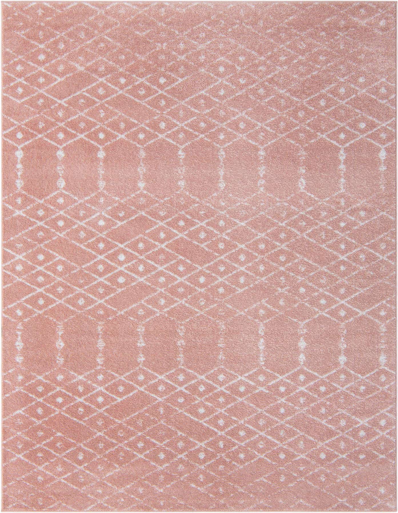 A 7x10 rectangular pink rug with a modern tribal trellis pattern in white, suitable for a living room.