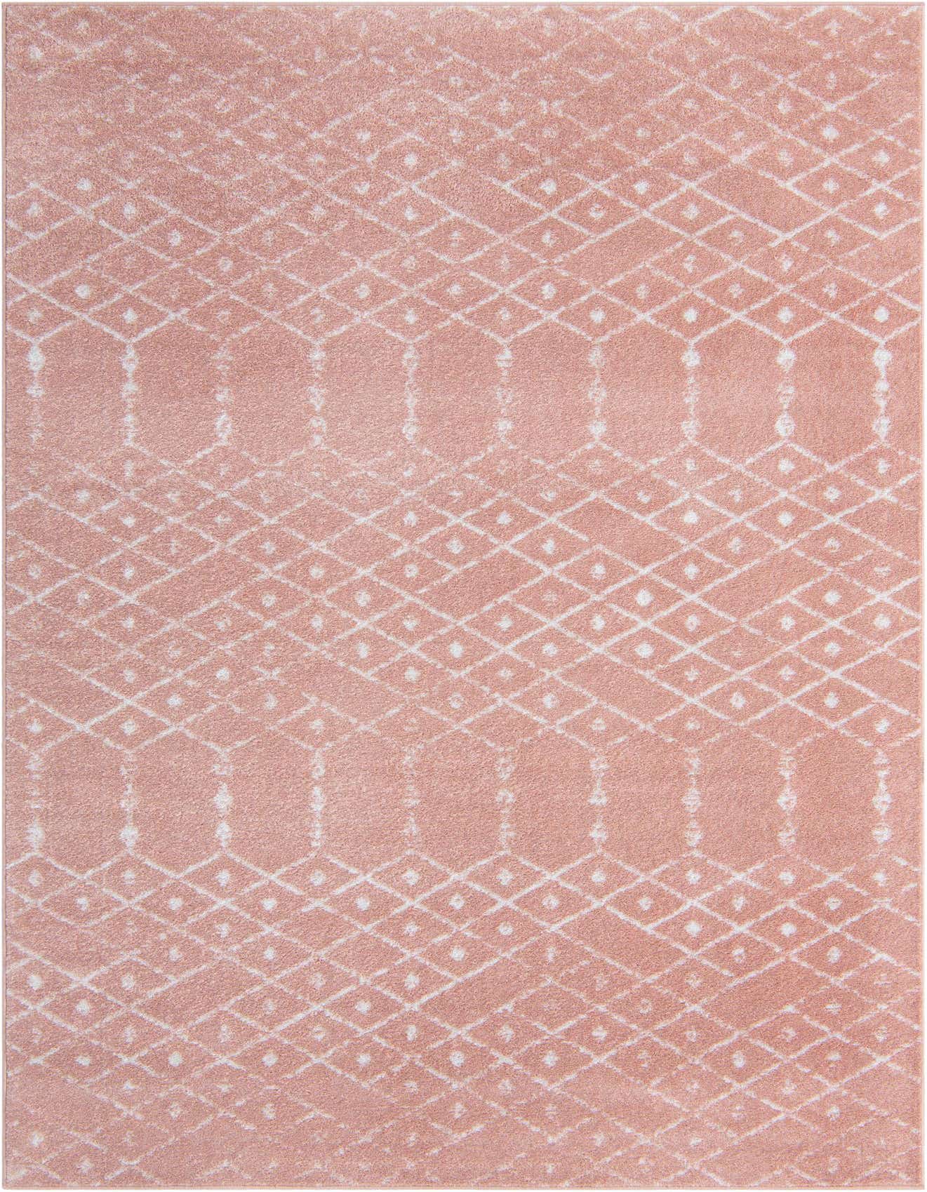 A 6x9 rectangular pink area rug with a modern tribal trellis pattern in white, suitable for a living room.