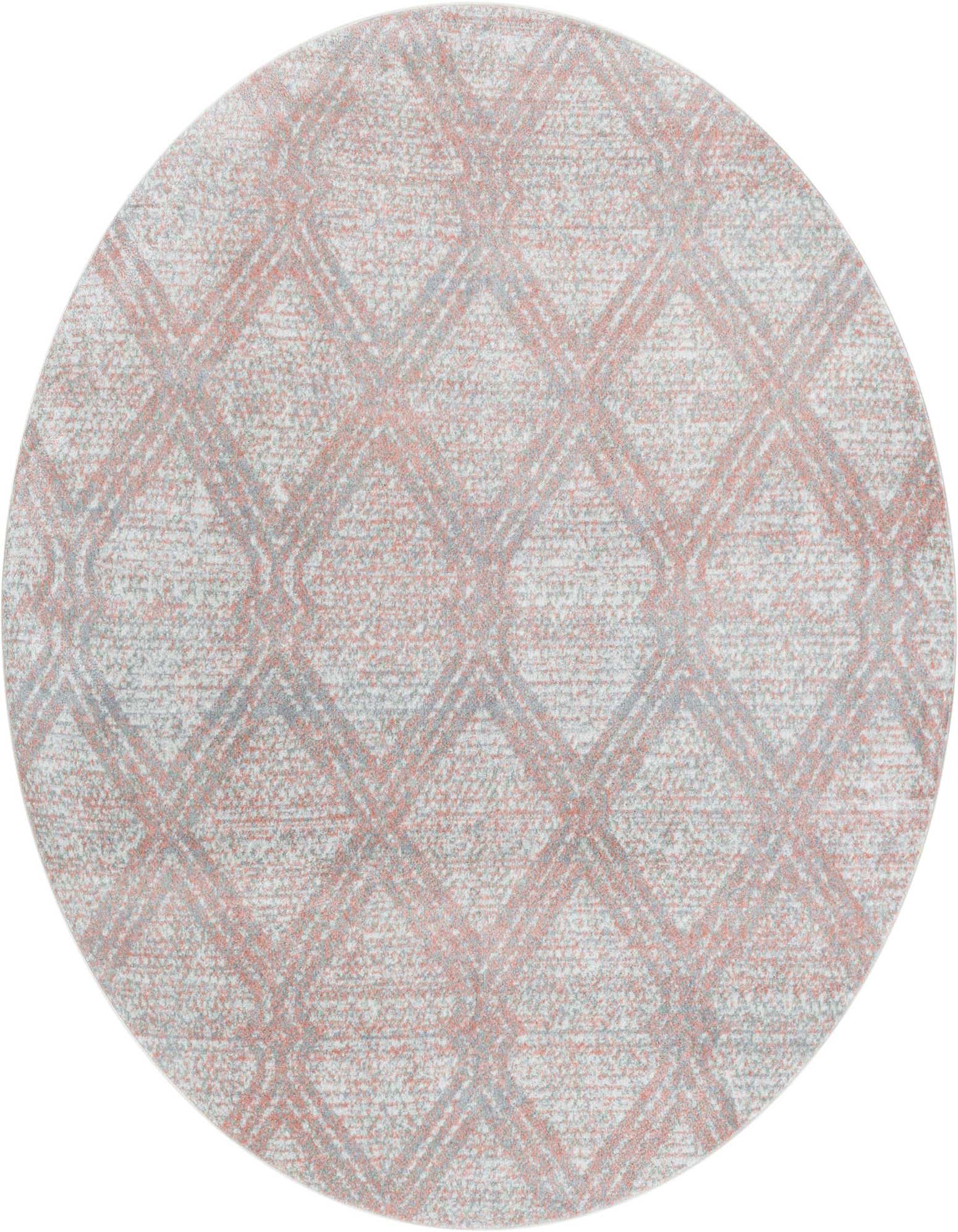 A 5' 3 x 5' 3 round modern rug featuring a distressed geometric trellis pattern in shades of pink and red.