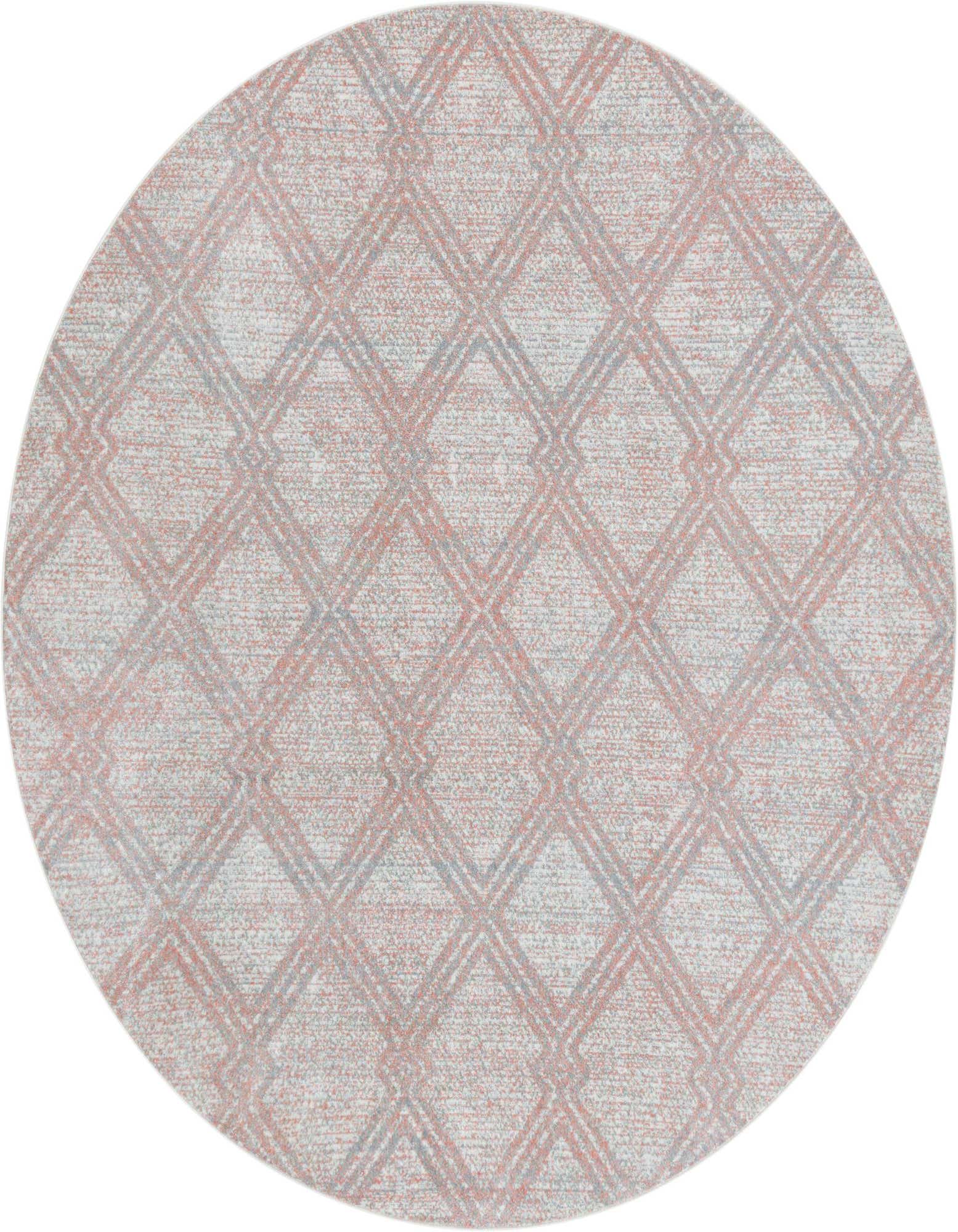 A round 7' 10" pink and red modern area rug with a subtle geometric lattice pattern on a flat pile.