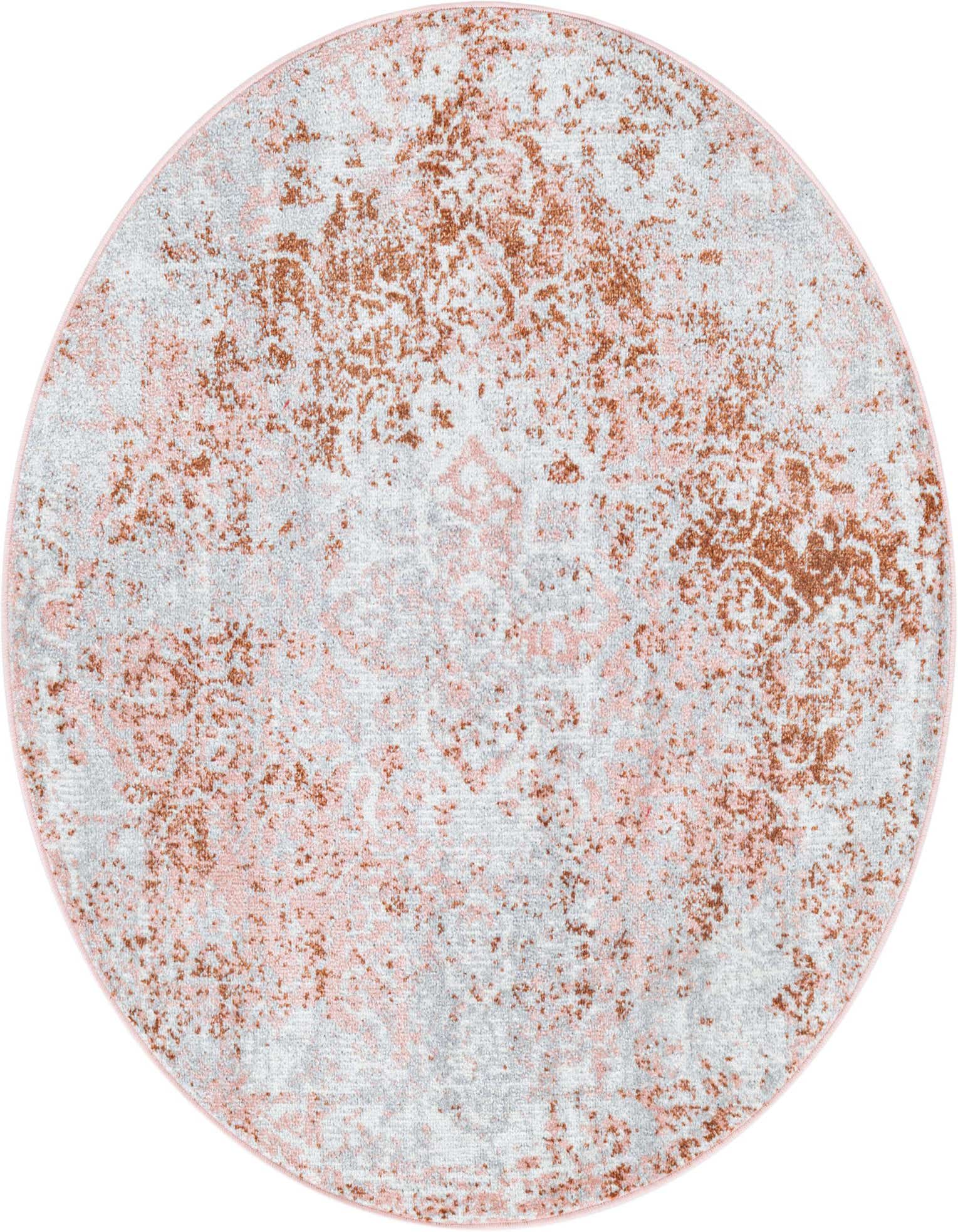 A 3' 3 round pink and red traditional medallion rug with a distressed, vintage look, suitable for any indoor space.