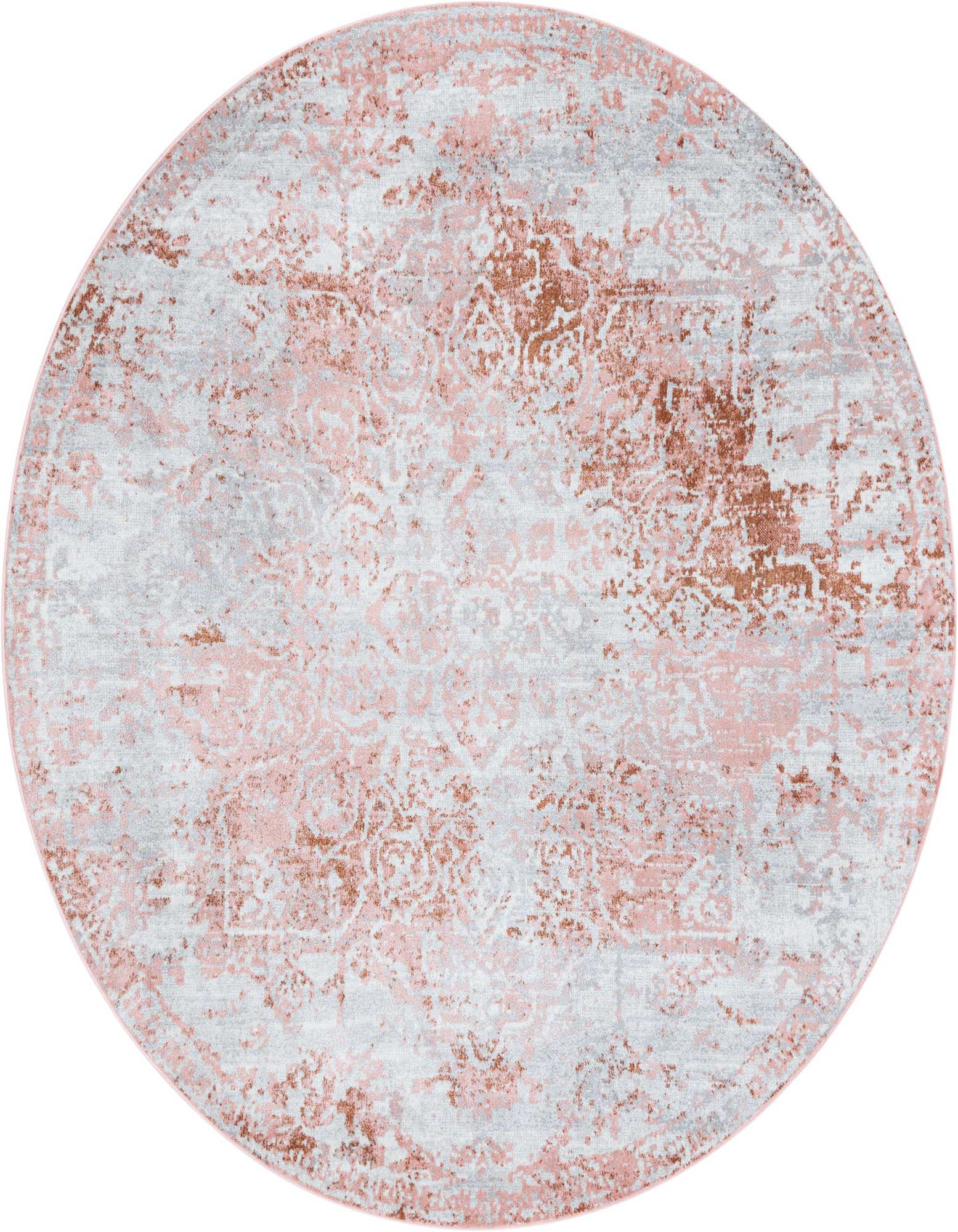 A 7' 10" round pink and red traditional medallion rug with a distressed, vintage look, suitable for an indoor space.