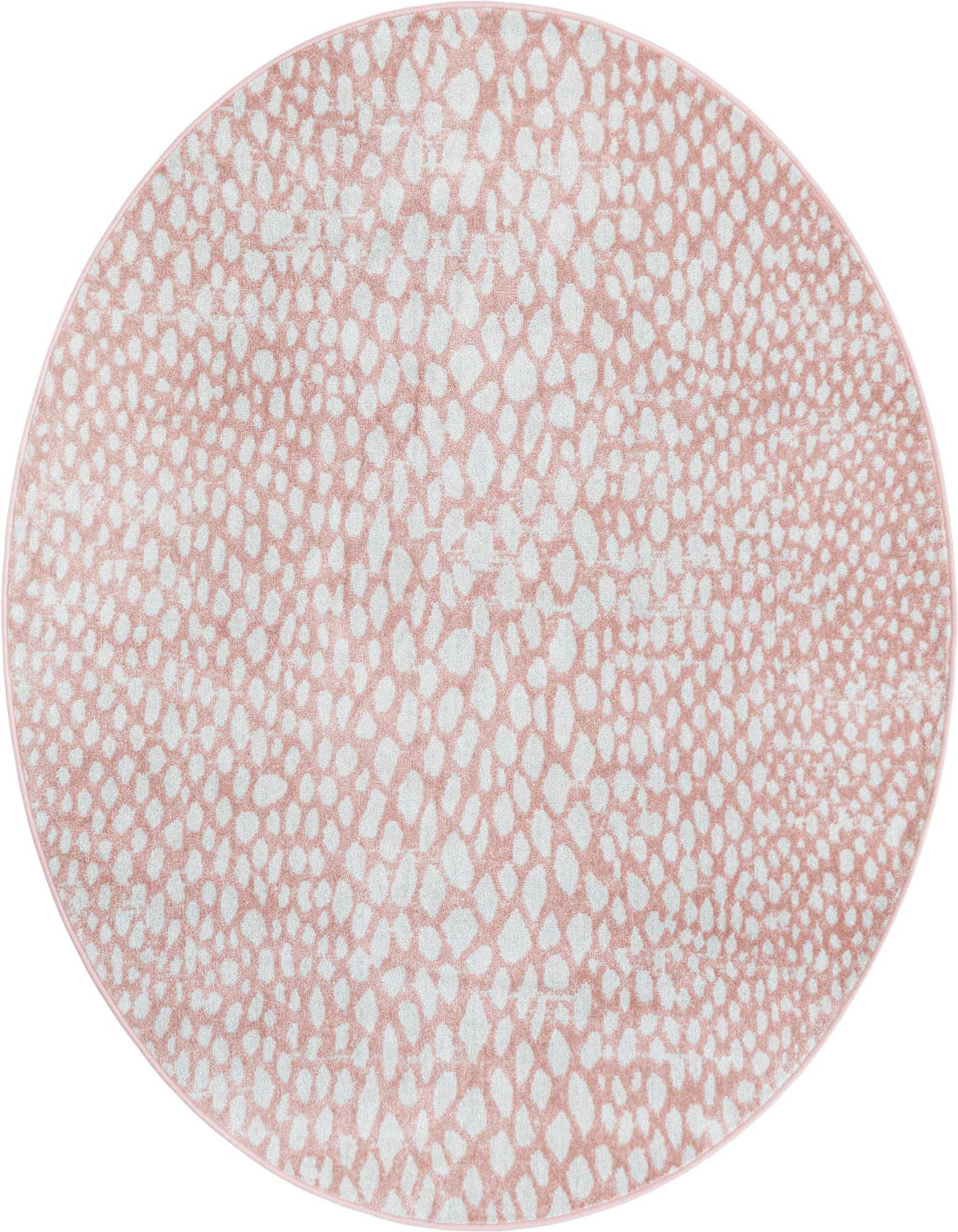 A 5' 3 round pink and white abstract rug with a modern spotted pattern, ideal for an indoor space.