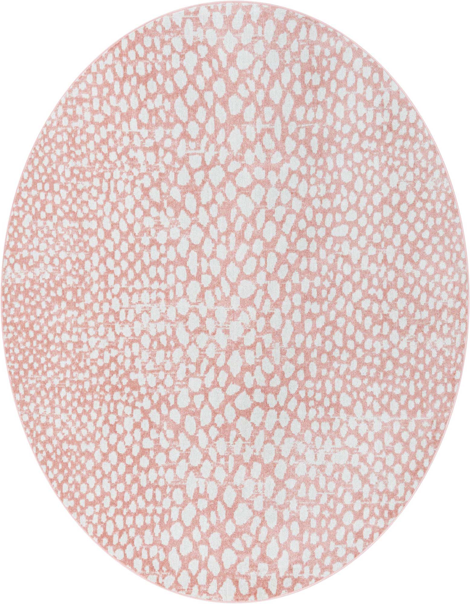 A 7' 10 round pink modern rug with an abstract white spotted pattern, suitable for indoor spaces.