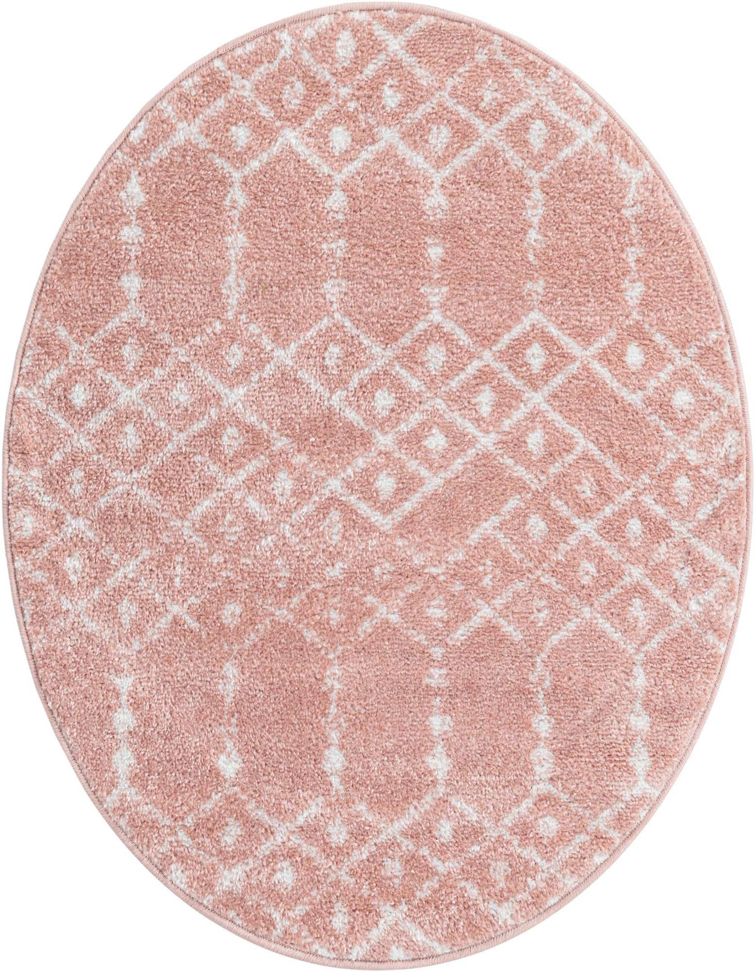 A 3' 0 x 3' 0 round pink tribal trellis rug with a subtle white geometric pattern, suitable for indoor spaces.