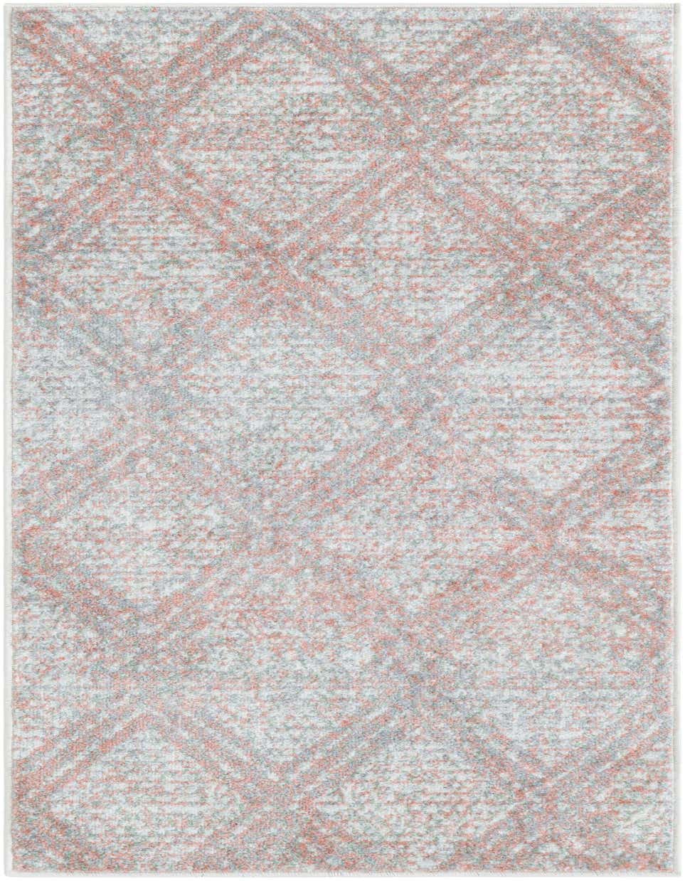 A 4 ft runner rug from the Kamala Washable collection, featuring a modern distressed geometric pattern in shades of pink, red, and grey.