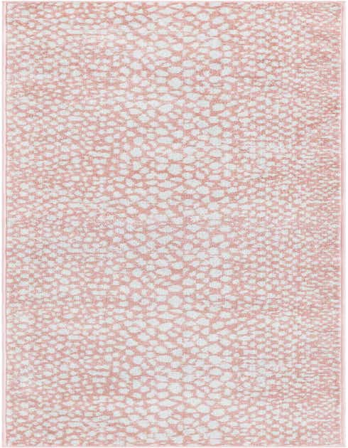 A long 8 ft runner rug in pink and white, featuring a modern abstract pattern, ideal for a hallway.