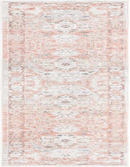 A 10 ft runner rug from the Madeline Vintage collection, featuring a distressed traditional medallion pattern in pinks, reds, and gray on a white background, ideal for a hallway.