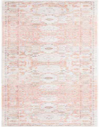 A 16 ft runner rug in a traditional vintage medallion pattern with distressed pink, red, and cream colors, ideal for a hallway.