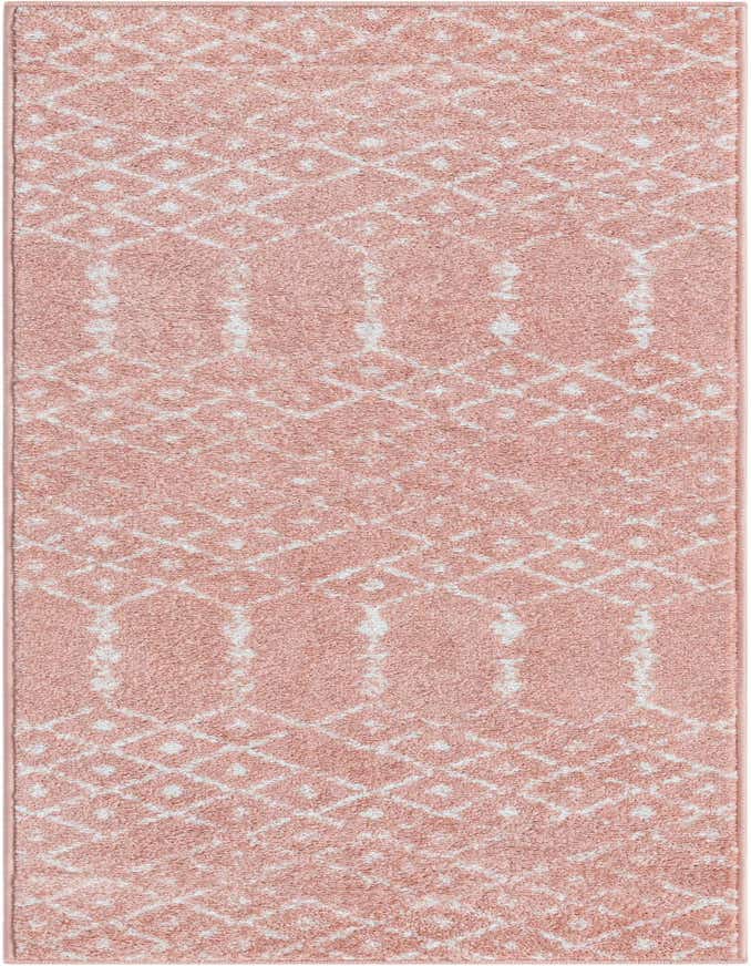A 6 ft runner rug in shades of pink and red with a modern tribal trellis pattern, ideal for a hallway or kitchen.