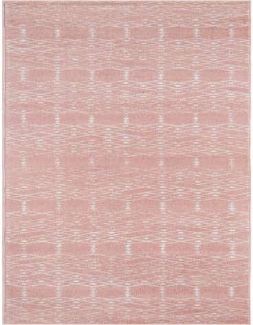 A long 16 ft runner rug in shades of pink and red with a repeating modern tribal trellis pattern in white, ideal for a hallway.