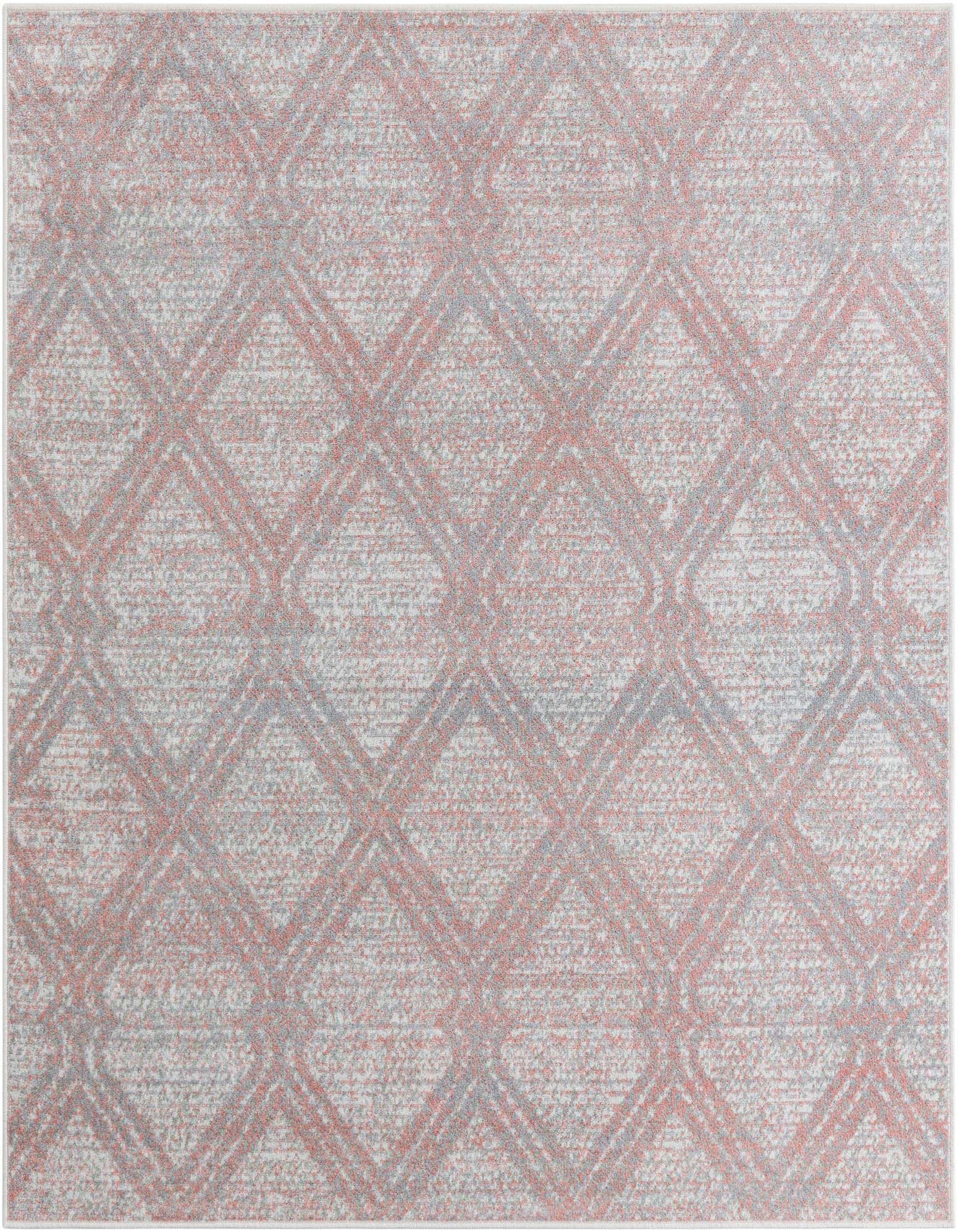 A 5' 3 x 5' 3 square modern abstract rug with a distressed geometric diamond pattern in shades of pink and red on a light background.