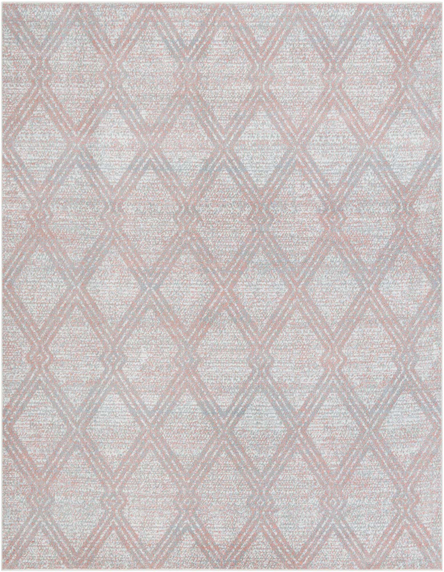 A 7' 10 x 7' 10 square pink and red modern area rug with a subtle geometric diamond pattern.