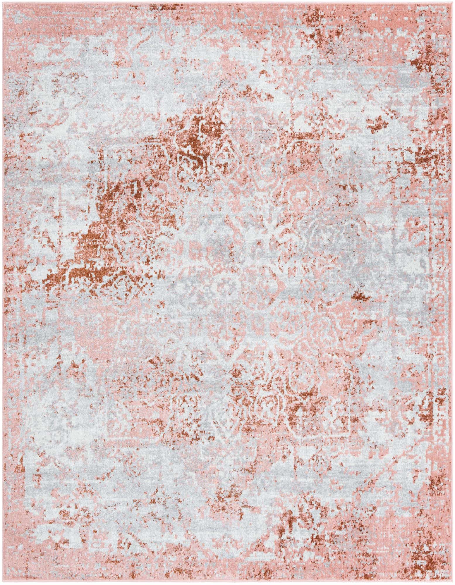 A 7' 10 x 7' 10 square pink and red traditional area rug with a vintage medallion pattern.