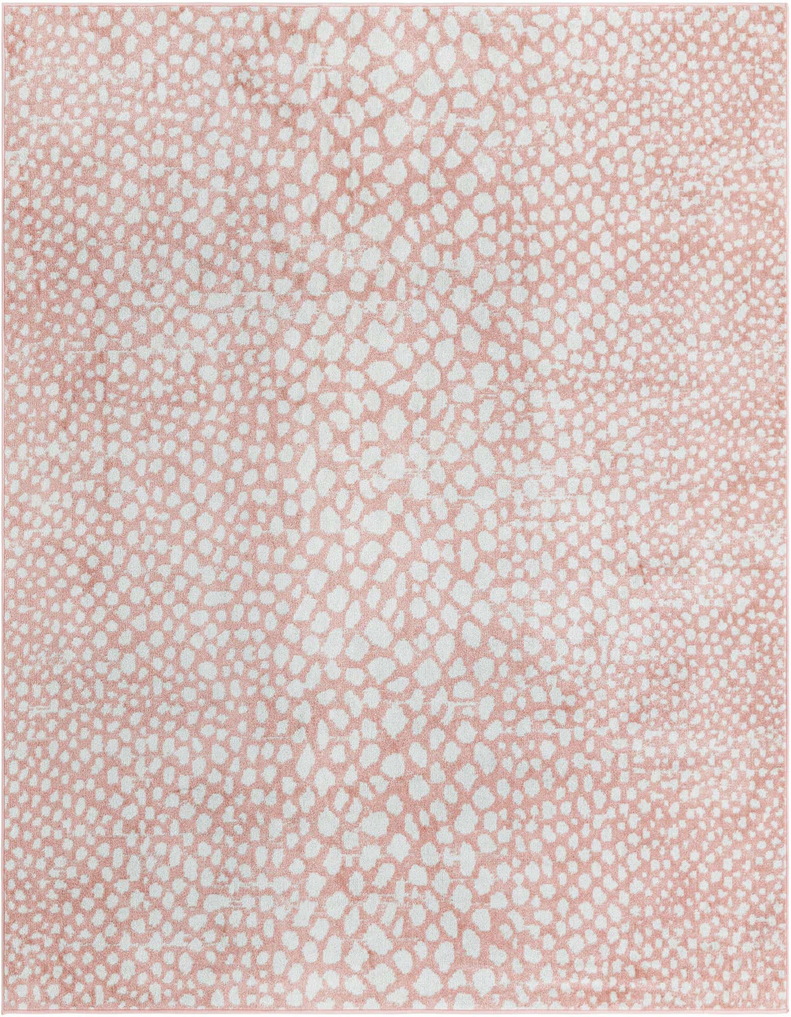 A square 7' 10 x 7' 10 Kamala Washable rug in pink and white, featuring a modern abstract spotted pattern.