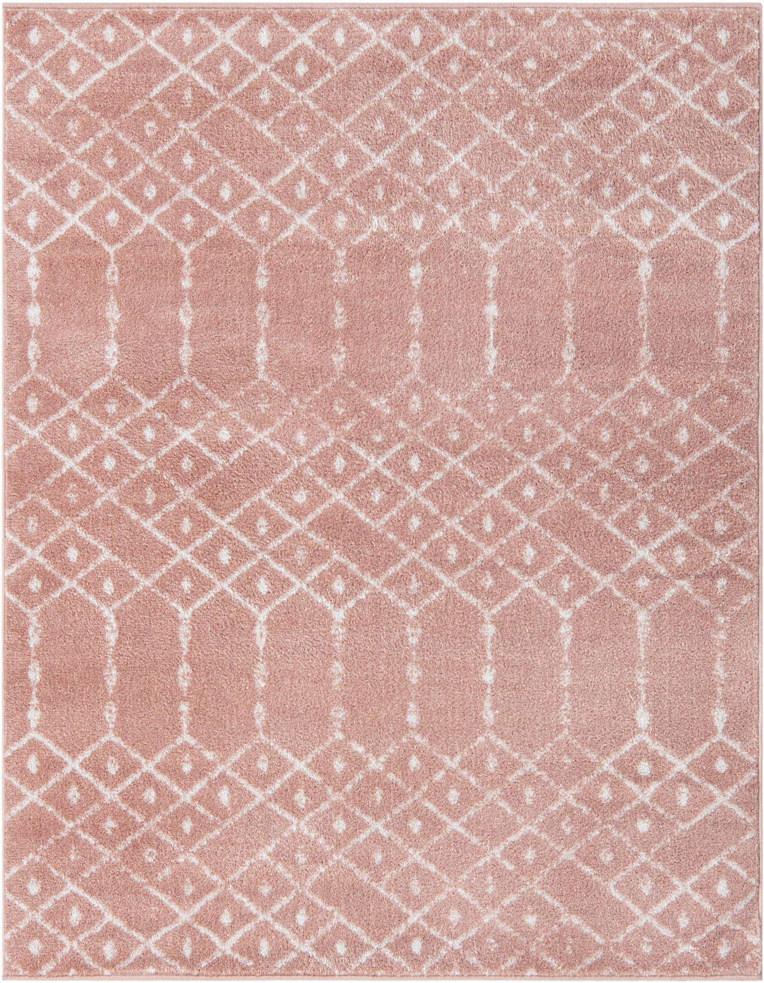 A square 7' 10 x 7' 10 Paxon Trellis rug featuring a modern tribal trellis pattern in light pink and white, suitable for an indoor living space.
