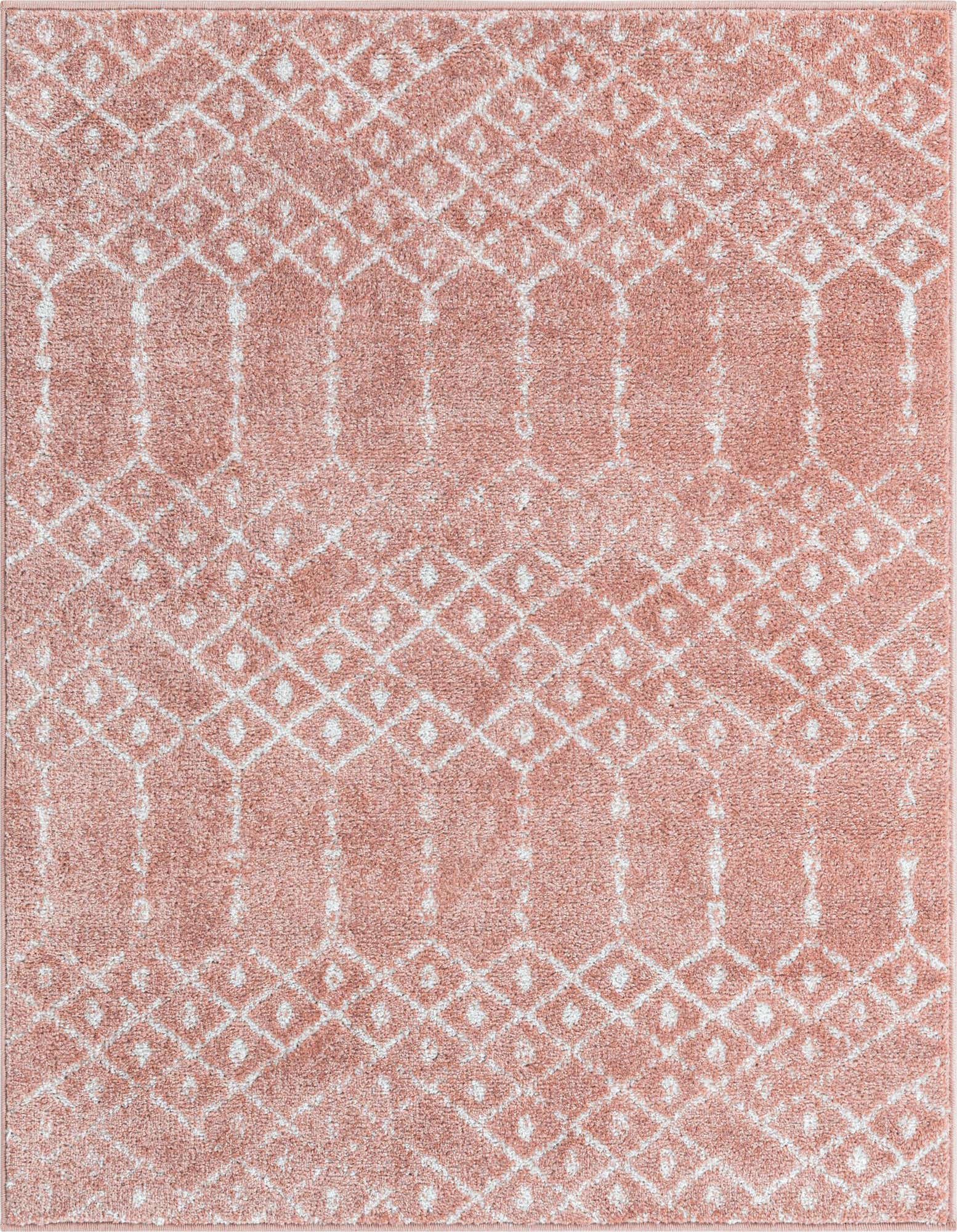 A 4'x4' square pink and white tribal trellis rug with a thin pile, perfect for an indoor living space.