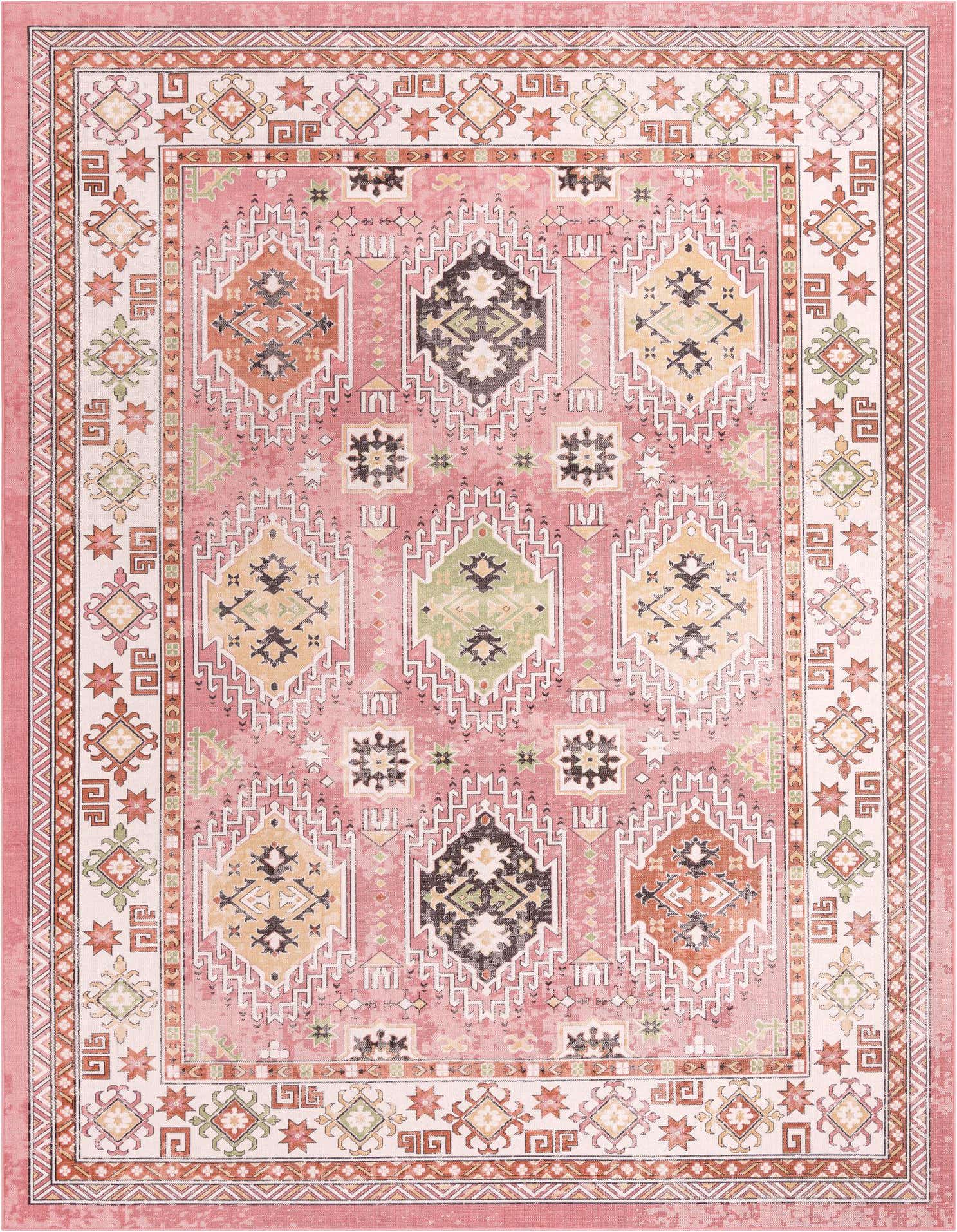 A 10x13 rectangular pink bohemian rug featuring a distressed tribal pattern with geometric shapes in muted pinks, oranges, greens, and blacks.