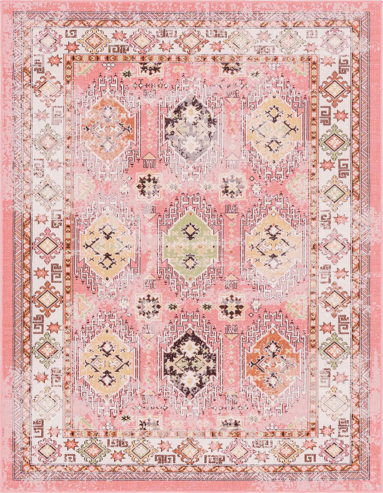 A 5x8 rectangular pink area rug with a distressed Bohemian tribal pattern in shades of orange, green, brown, and cream.