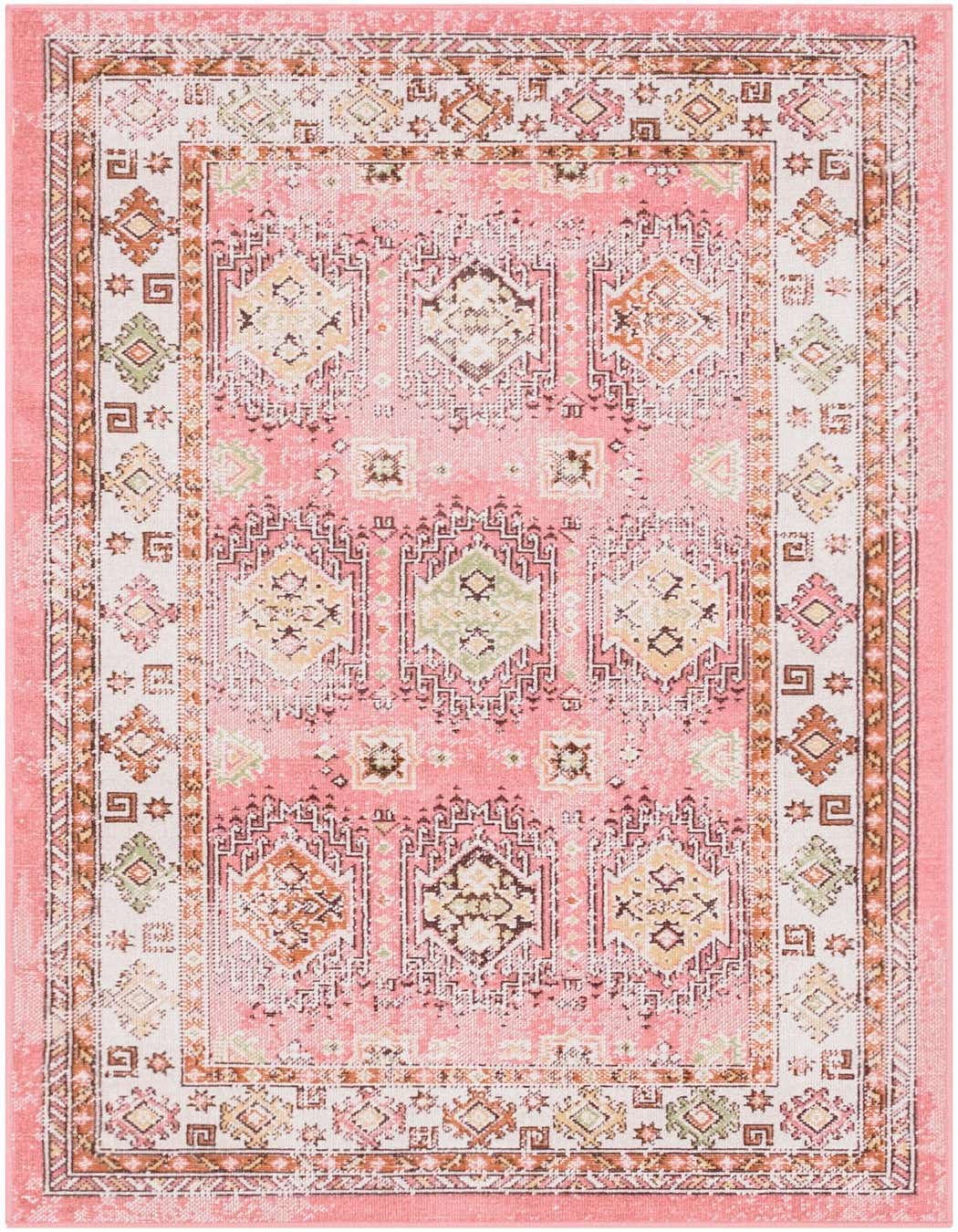A 3x5 rectangular pink bohemian rug with a distressed tribal pattern in shades of pink, orange, green, and cream.
