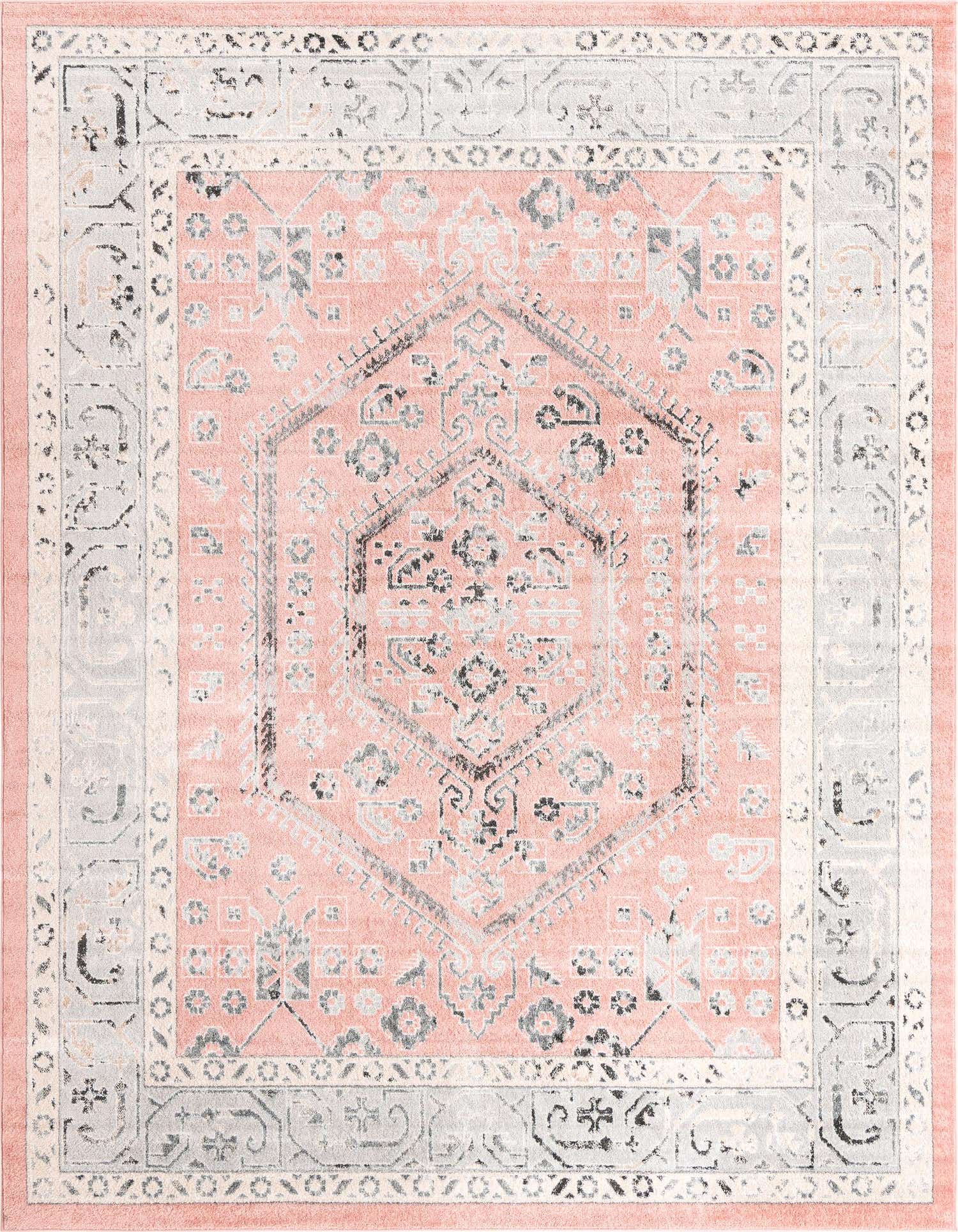 A 9x12 rectangular Aurelia rug in shades of pink and grey, featuring a traditional tribal medallion pattern.