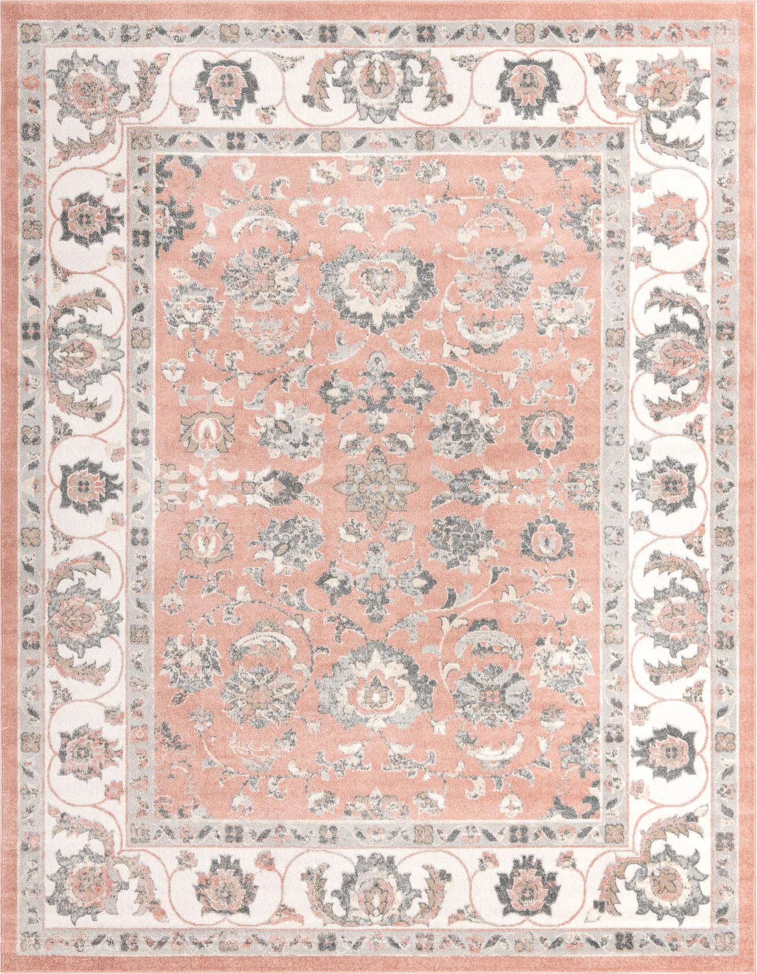 A 10x13 rectangular pink traditional area rug with an ornate floral and vine pattern in grey, white, and lighter pink tones.