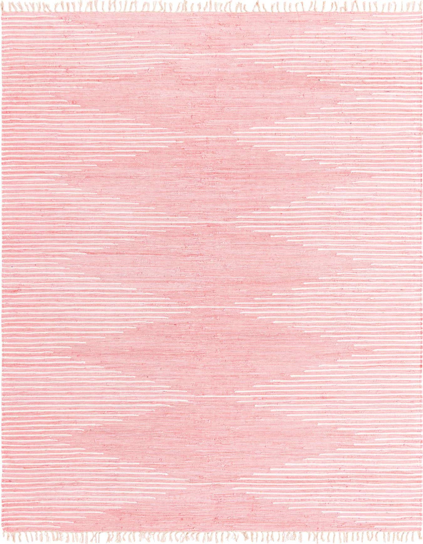 A 10x14 rectangular pink cotton flatweave rug with a subtle textured stripe pattern and fringe ends, suitable for indoor spaces.
