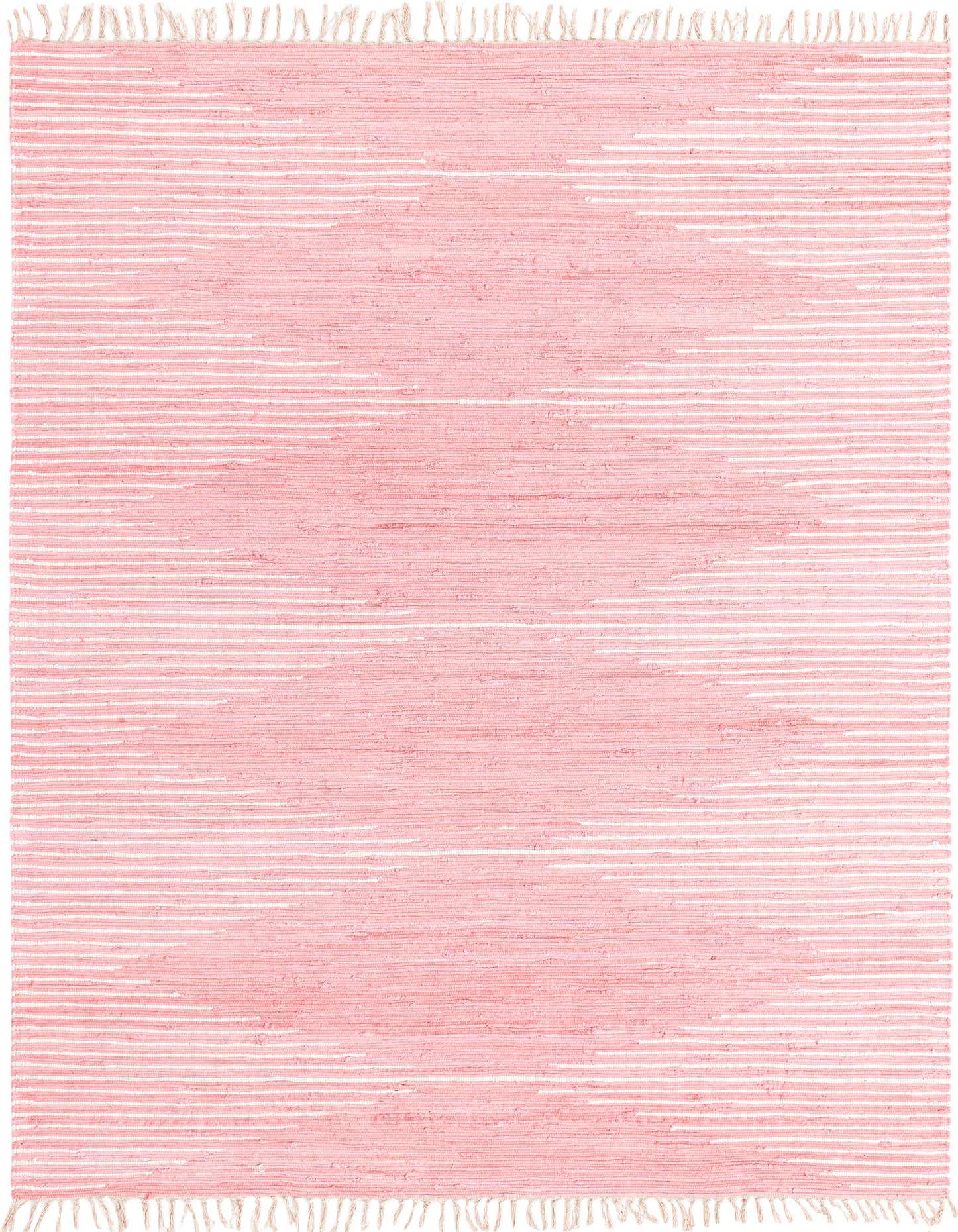 A rectangular 8x11 pink Chindi Cotton area rug with a flatweave texture and fringe edges, suitable for a living room.